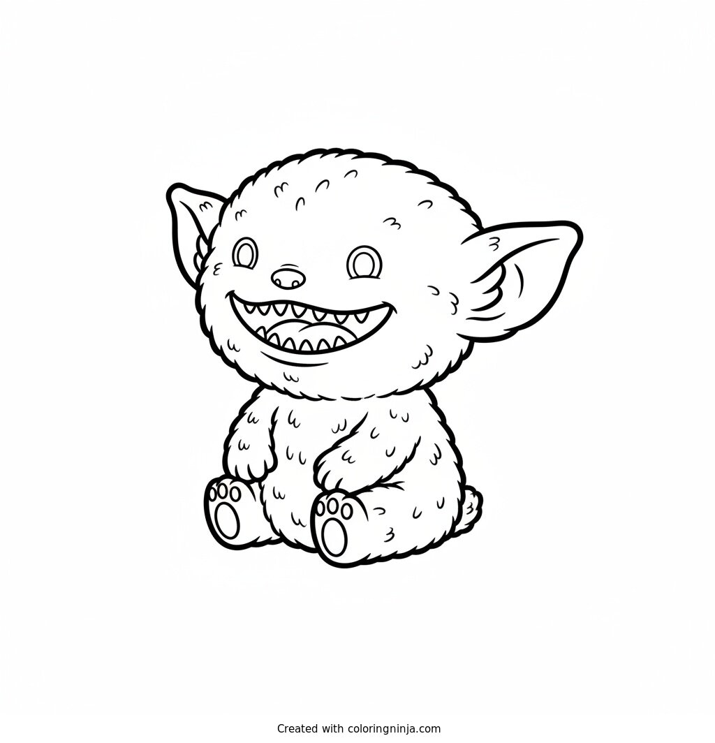 Coloring page of Labubu, a small fluffy elf-eared creature with a wide grin showing nine small pointy teeth, sitting down