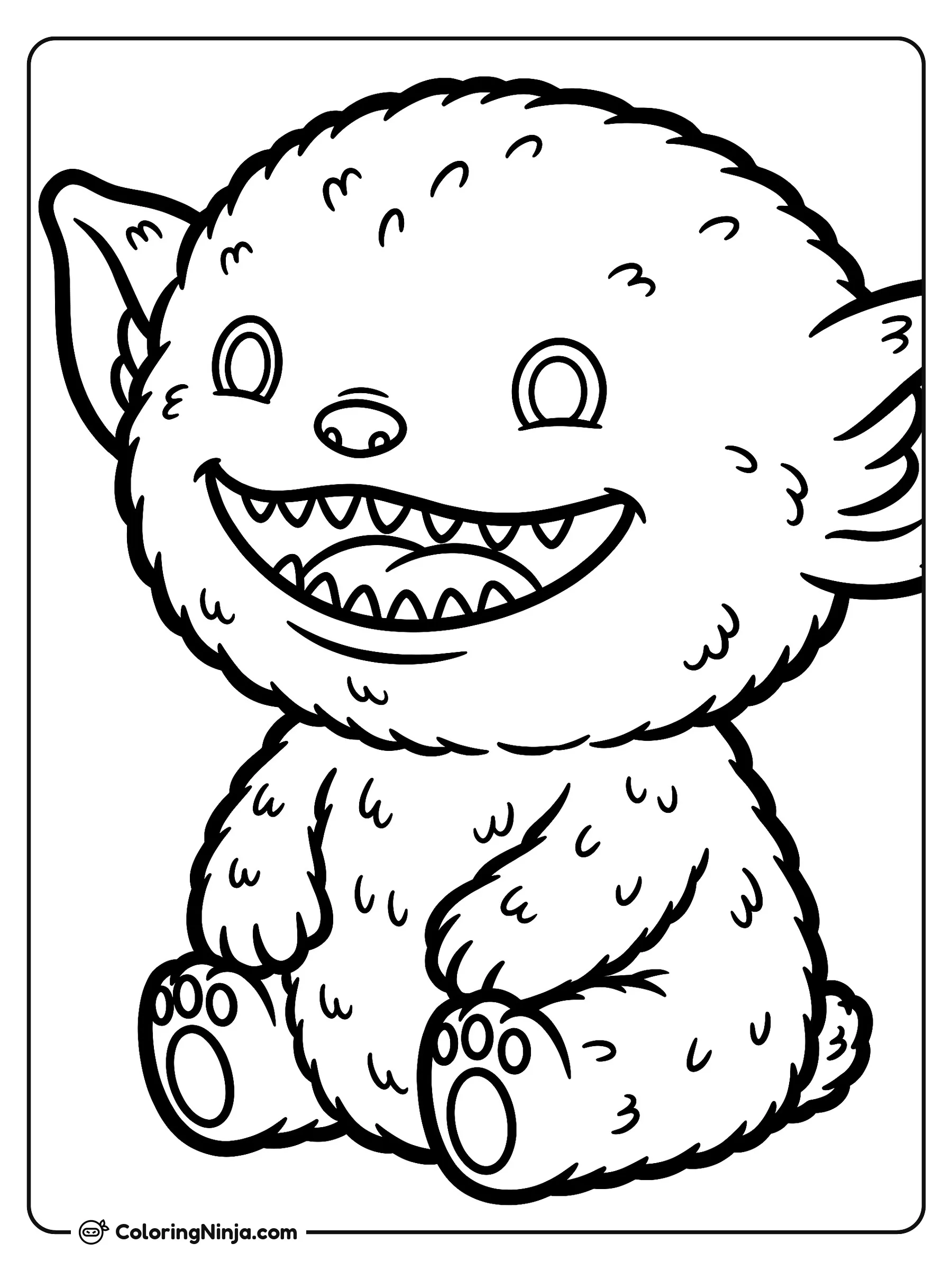 Cute Smiling Labubu Creature Coloring Page: This coloring page features Labubu, a small fluffy creature with elf ears, sitting down with a wide grin that shows nine small pointy teeth.