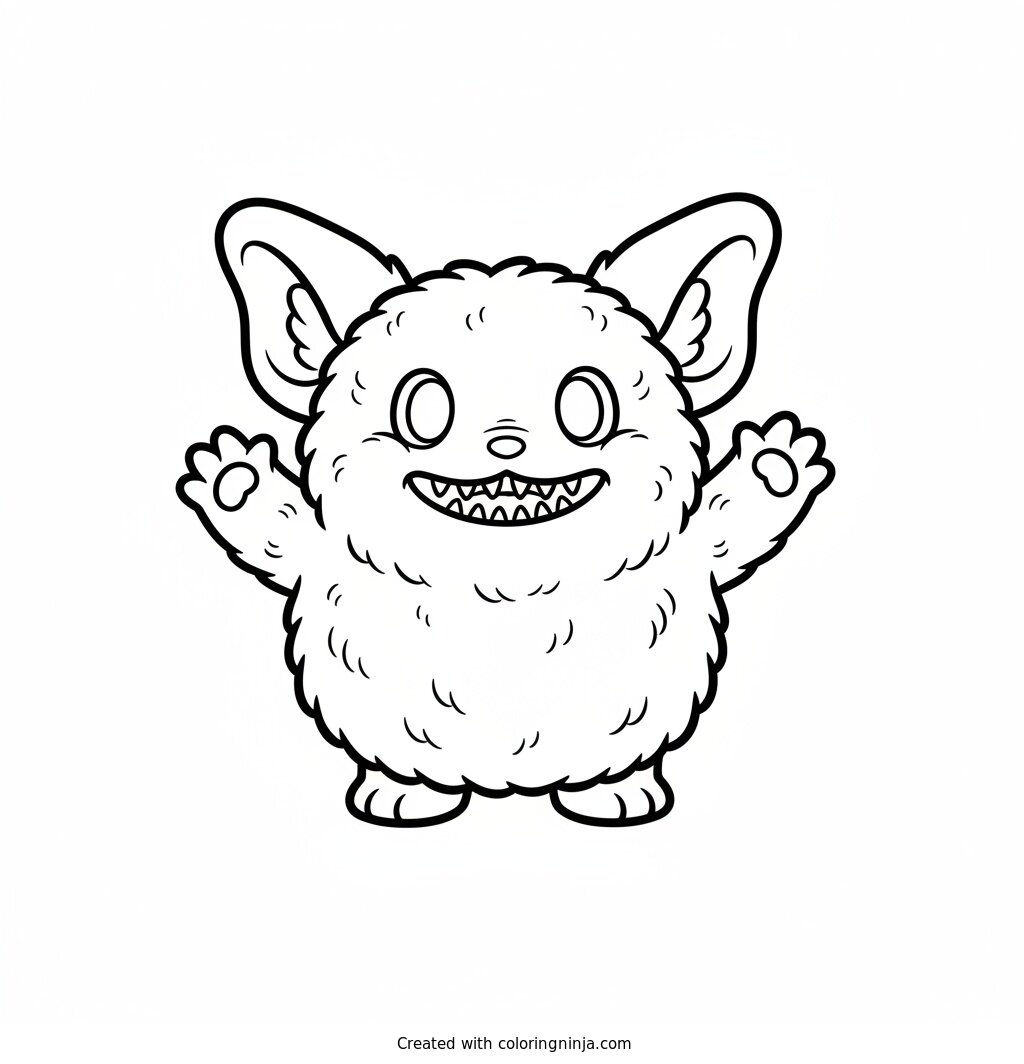 Coloring page of Labubu, a small fluffy elf-eared creature with a wide grin showing nine small pointy teeth, waving hello
