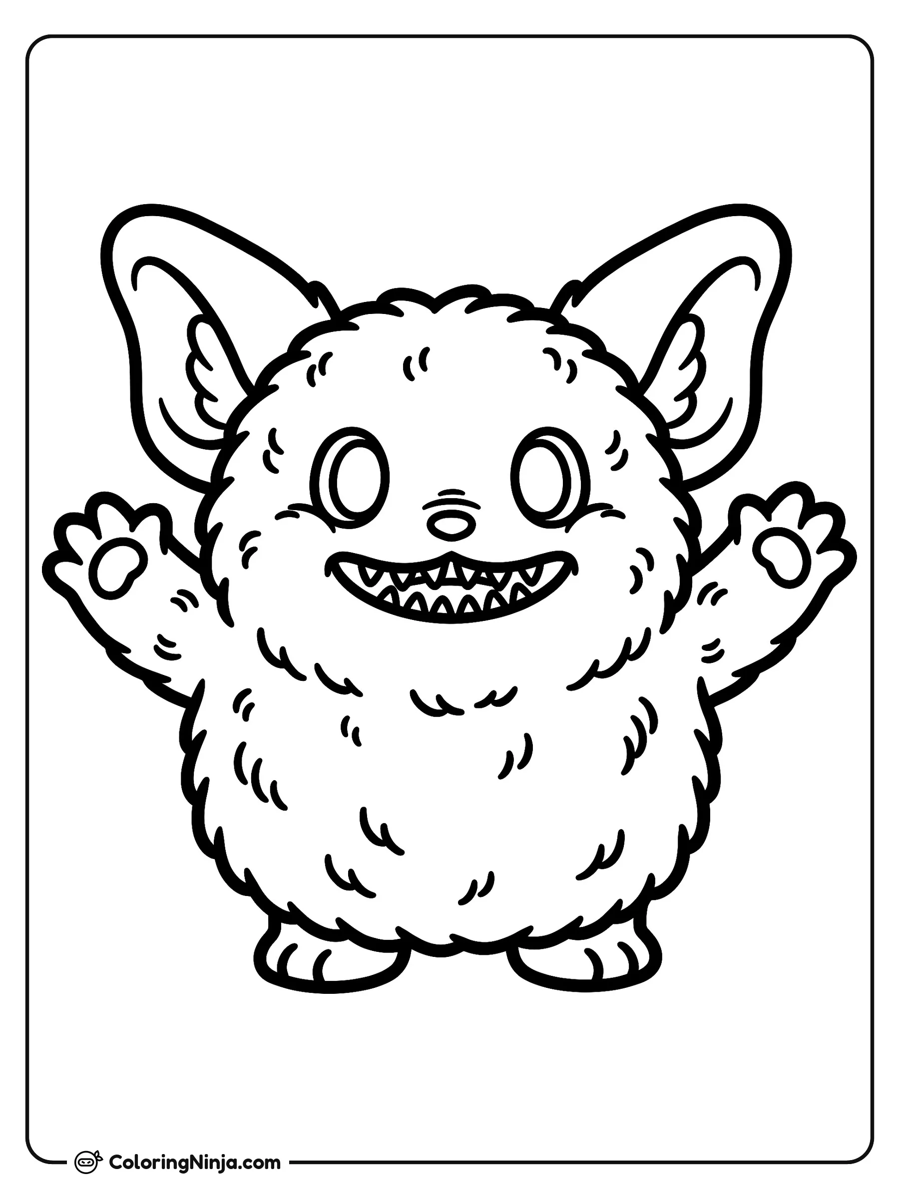 Cute Labubu Waving Hello Coloring Page: This coloring page features Labubu, a small fluffy elf-eared creature with a wide grin that reveals nine small pointy teeth.