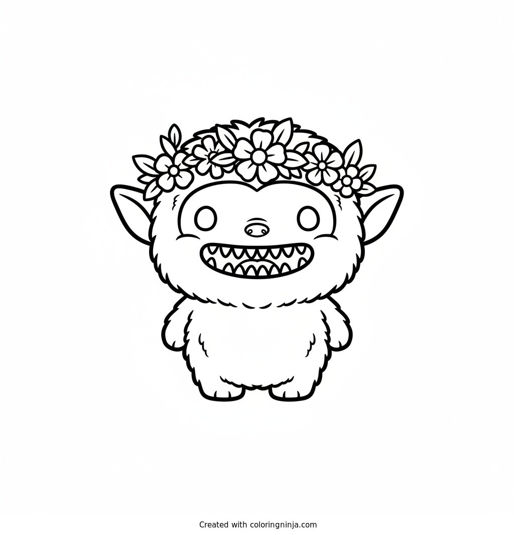 Coloring page of Labubu, a small fluffy elf-eared creature with a wide grin showing nine small pointy teeth, wearing a flower crown