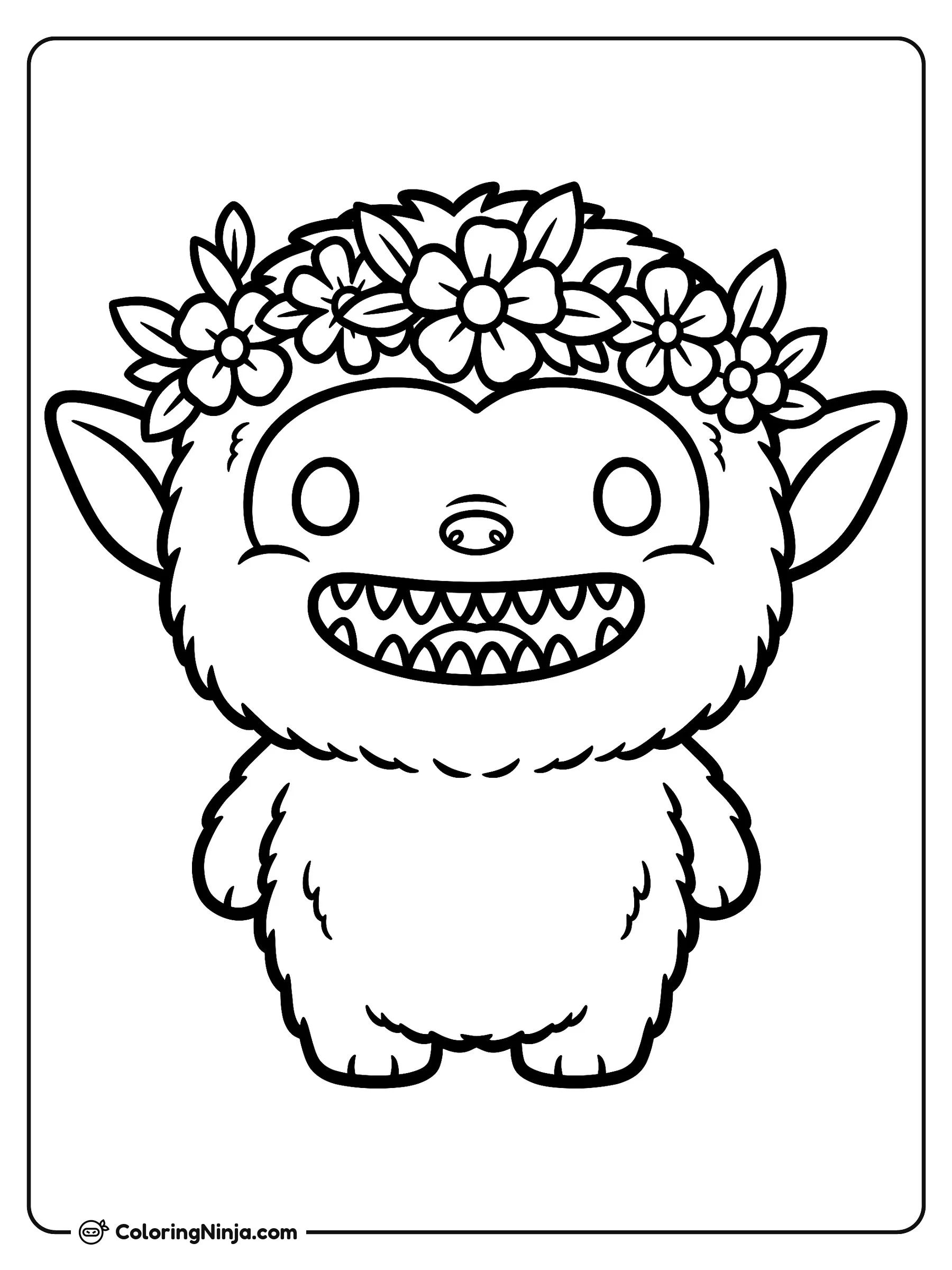 Labubu Wearing a Flower Crown Coloring Page: This coloring page features Labubu, a small fluffy creature with elf ears and a wide grin that reveals nine small pointy teeth.