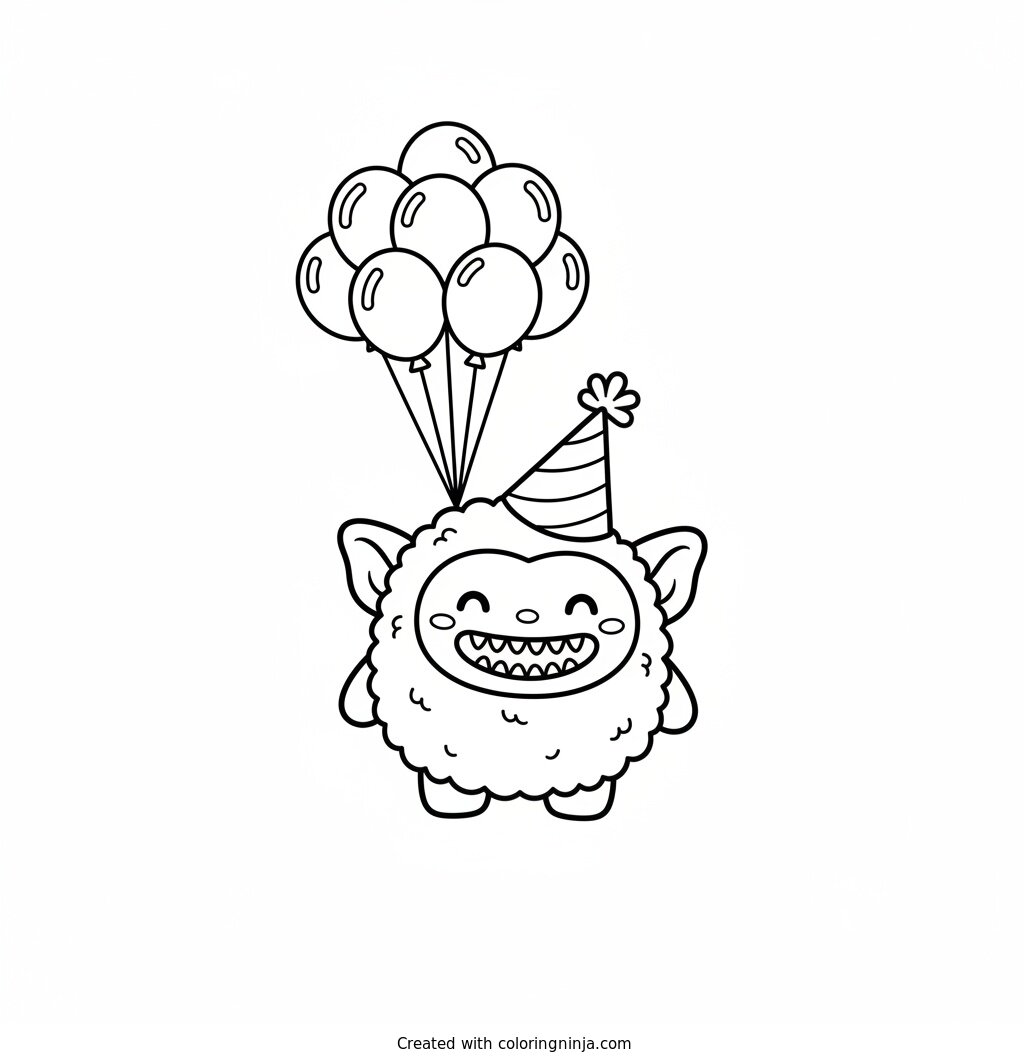 Coloring page of Labubu, a small fluffy elf-eared creature with a wide grin showing nine small pointy teeth, wearing a party hat with balloons