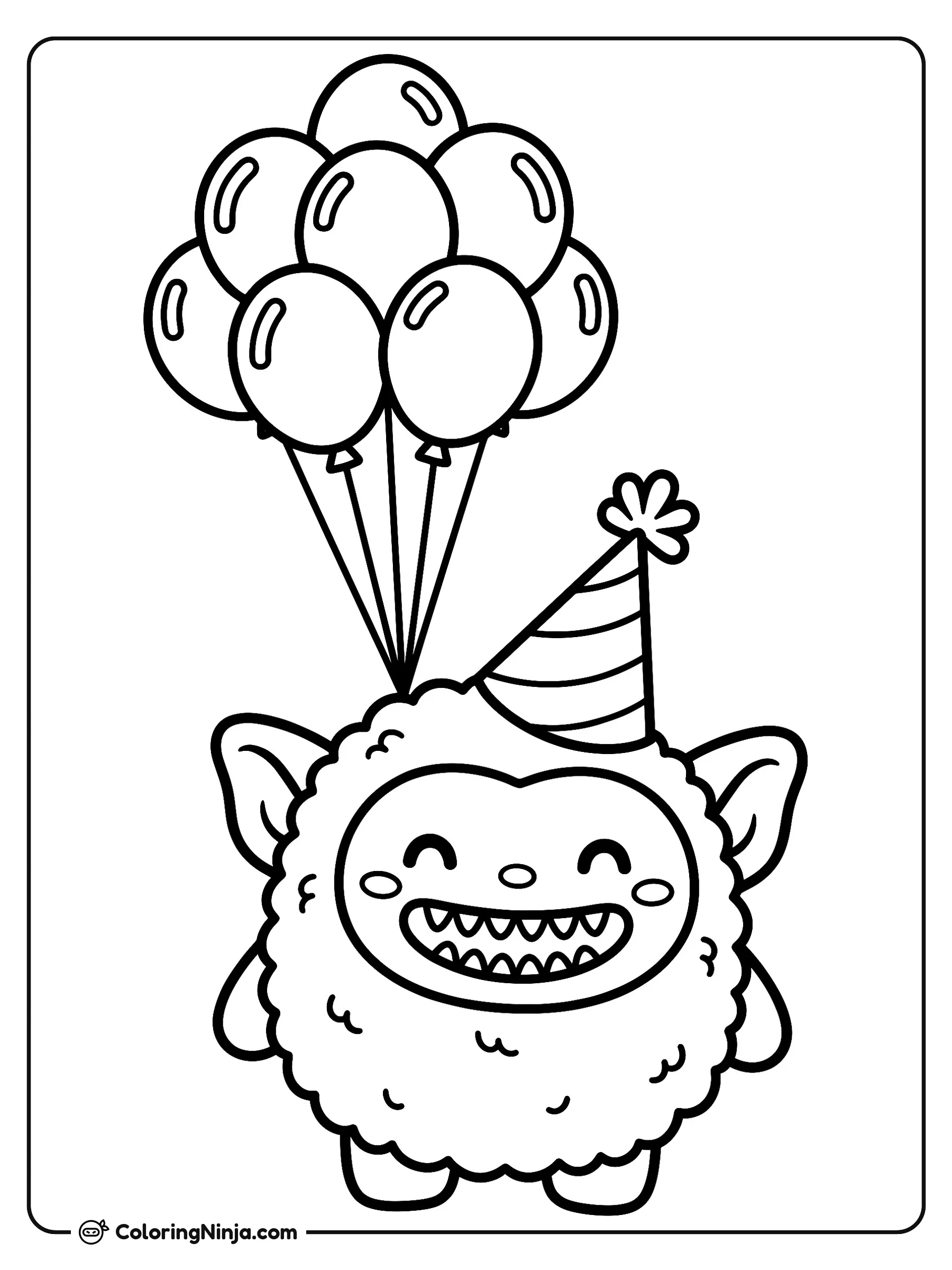 Party Time Labubu Coloring Page: This coloring page features Labubu, a small fluffy elf-eared creature with a wide grin displaying nine small pointy teeth.