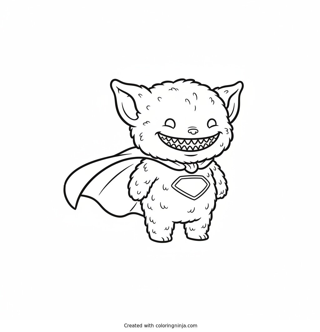 Coloring page of Labubu, a small fluffy elf-eared creature with a wide grin showing nine small pointy teeth, wearing a superhero cape