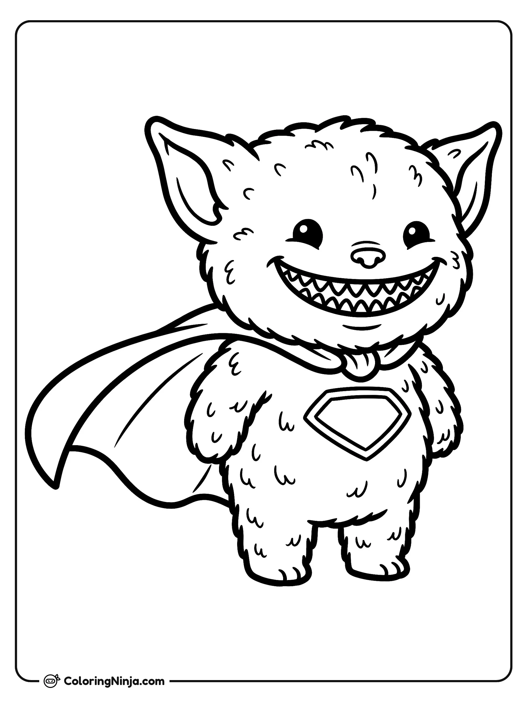 Labubu the Superhero Creature Coloring Page: This coloring page features Labubu, a small fluffy creature with elf ears and a wide grin that reveals nine small pointy teeth.