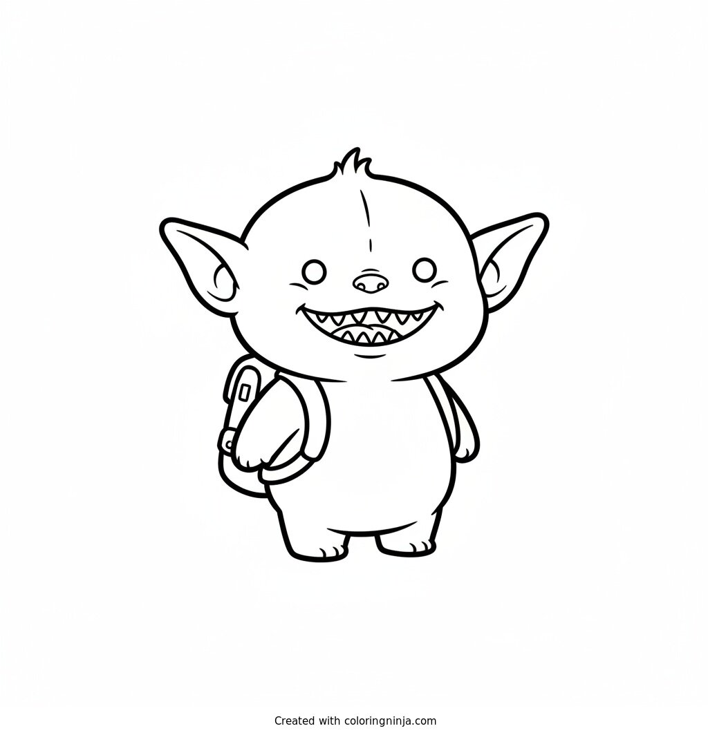 Coloring page of Labubu, a small fluffy elf-eared creature with a wide grin showing nine small pointy teeth, wearing a tiny backpack