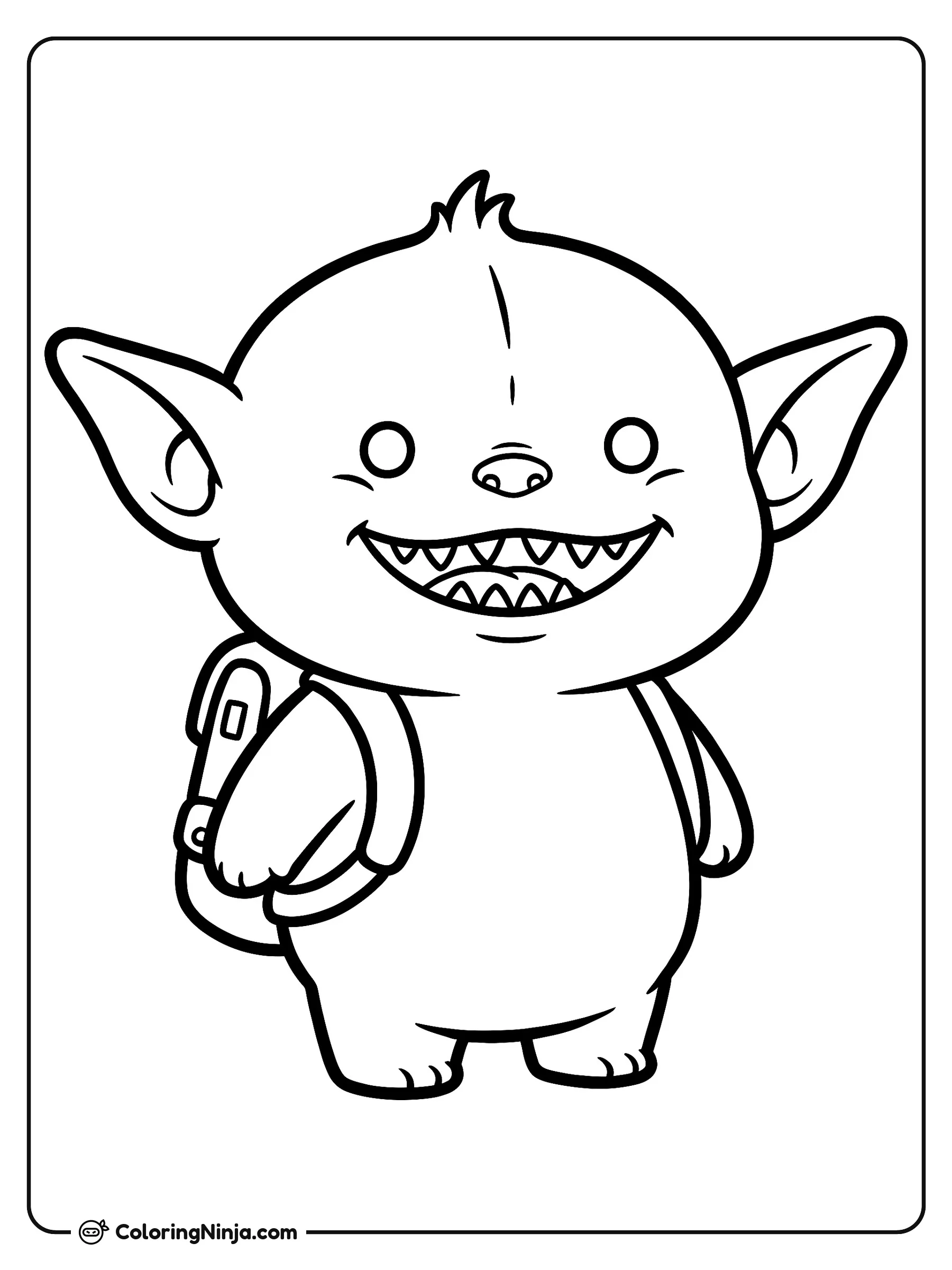 Labubu the Cute Backpacking Elf Coloring Page: This coloring page features Labubu, a small fluffy elf-eared creature with a wide grin that reveals nine small pointy teeth.