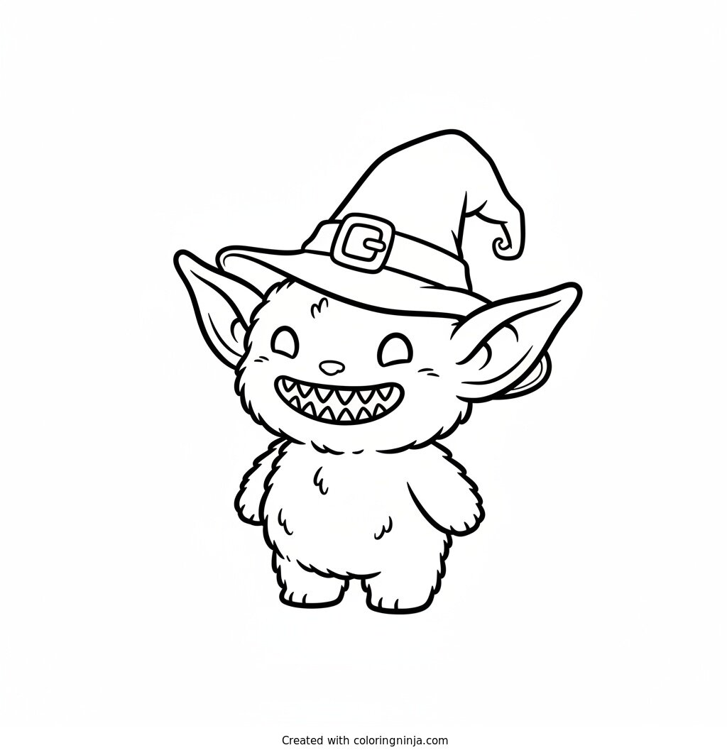 Coloring page of Labubu, a small fluffy elf-eared creature with a wide grin showing nine small pointy teeth, wearing a tiny witch hat for halloween