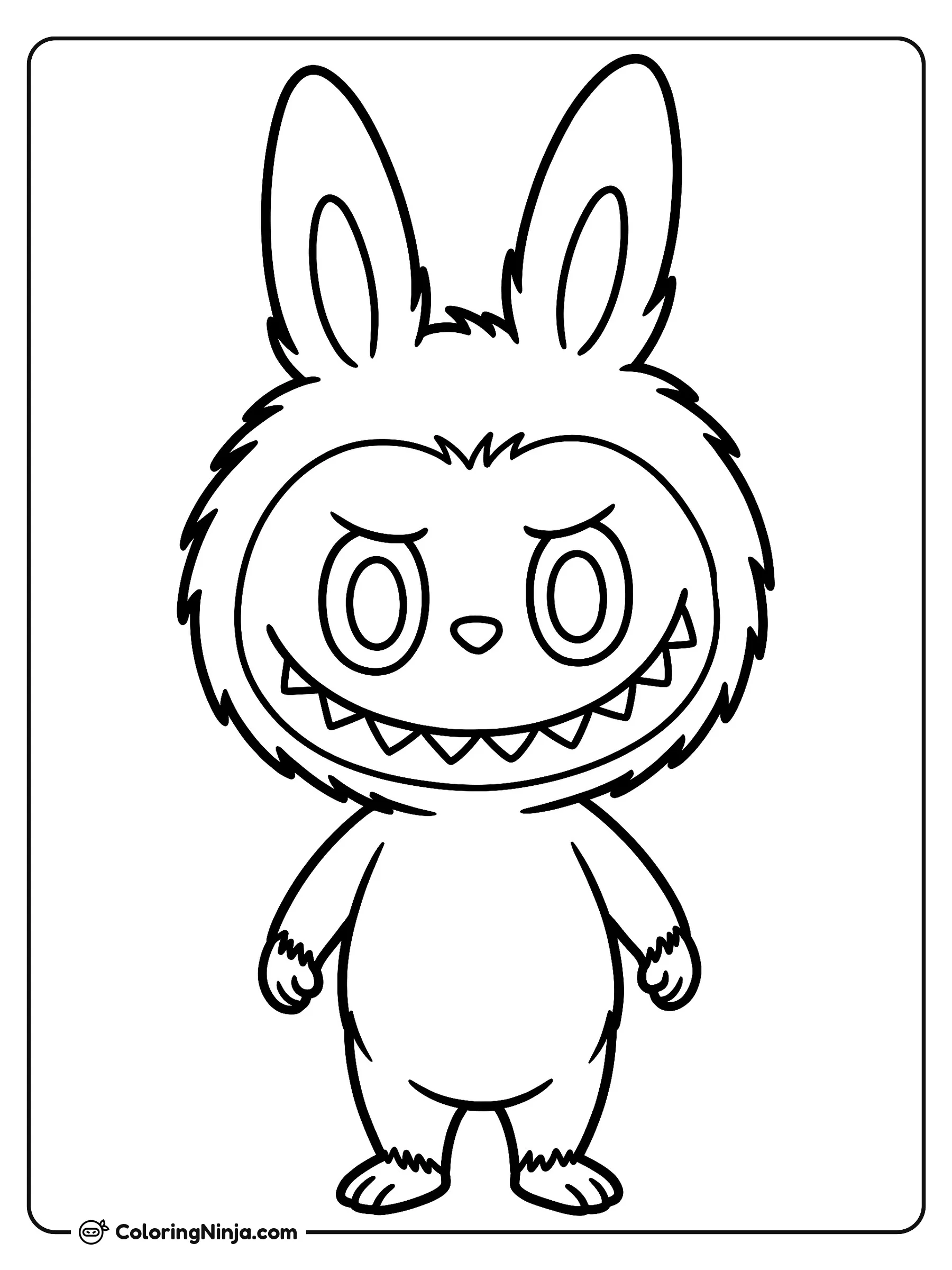 Labubu with Tooth Big Smile Coloring Page: This coloring page features the character Labubu, a cute monster drawn with big pointy ears and serrated teeth. The simple line art depicts Labubu in a forest setting, ready for coloring.