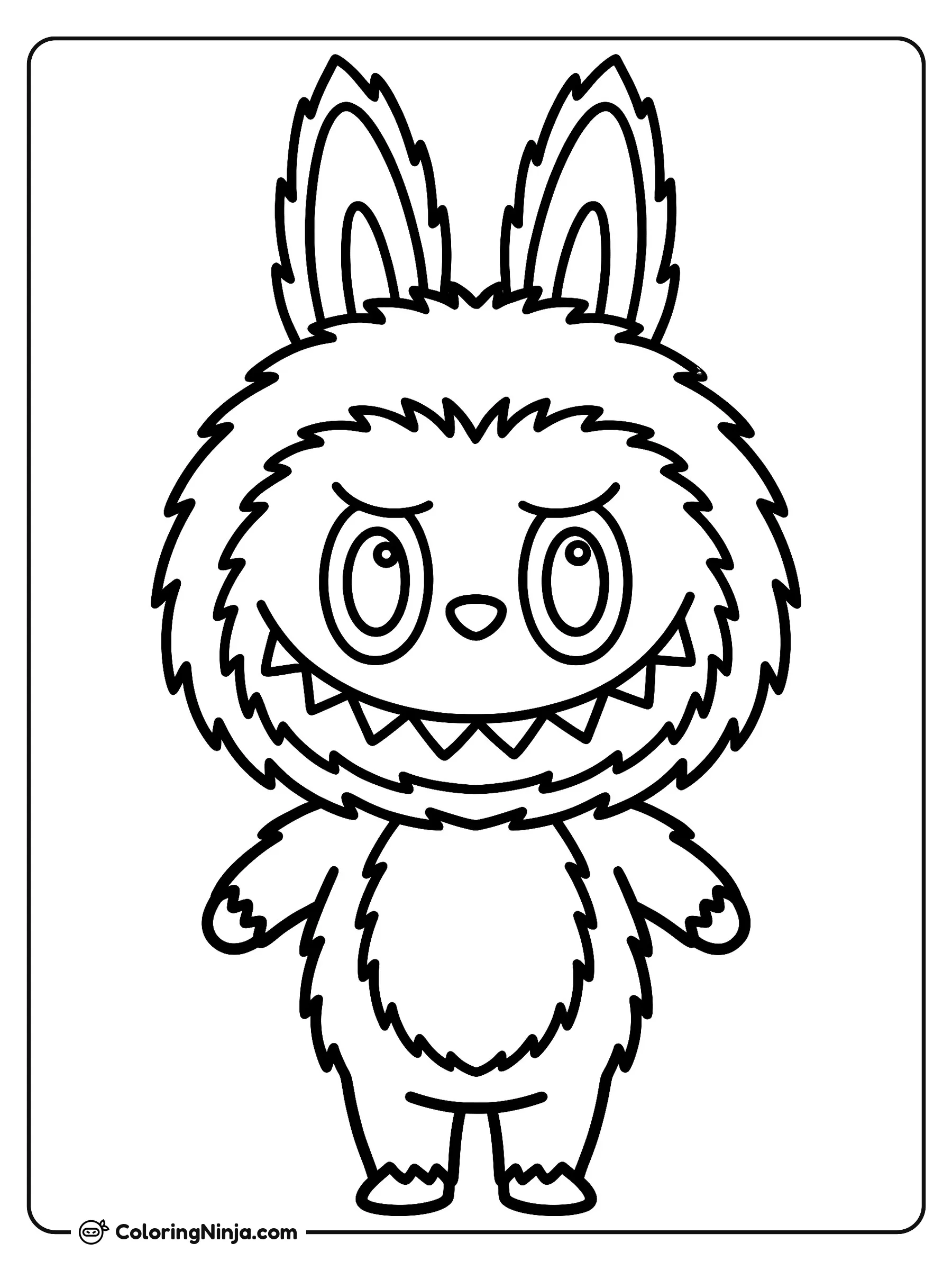 Labubu Standing Full Body Coloring Page: This coloring page features Labubu, a monster character with high, pointed ears and sharp teeth.