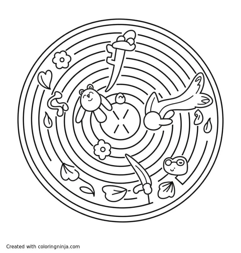 A coloring page of a labyrinth med symbols for a teenager girls
