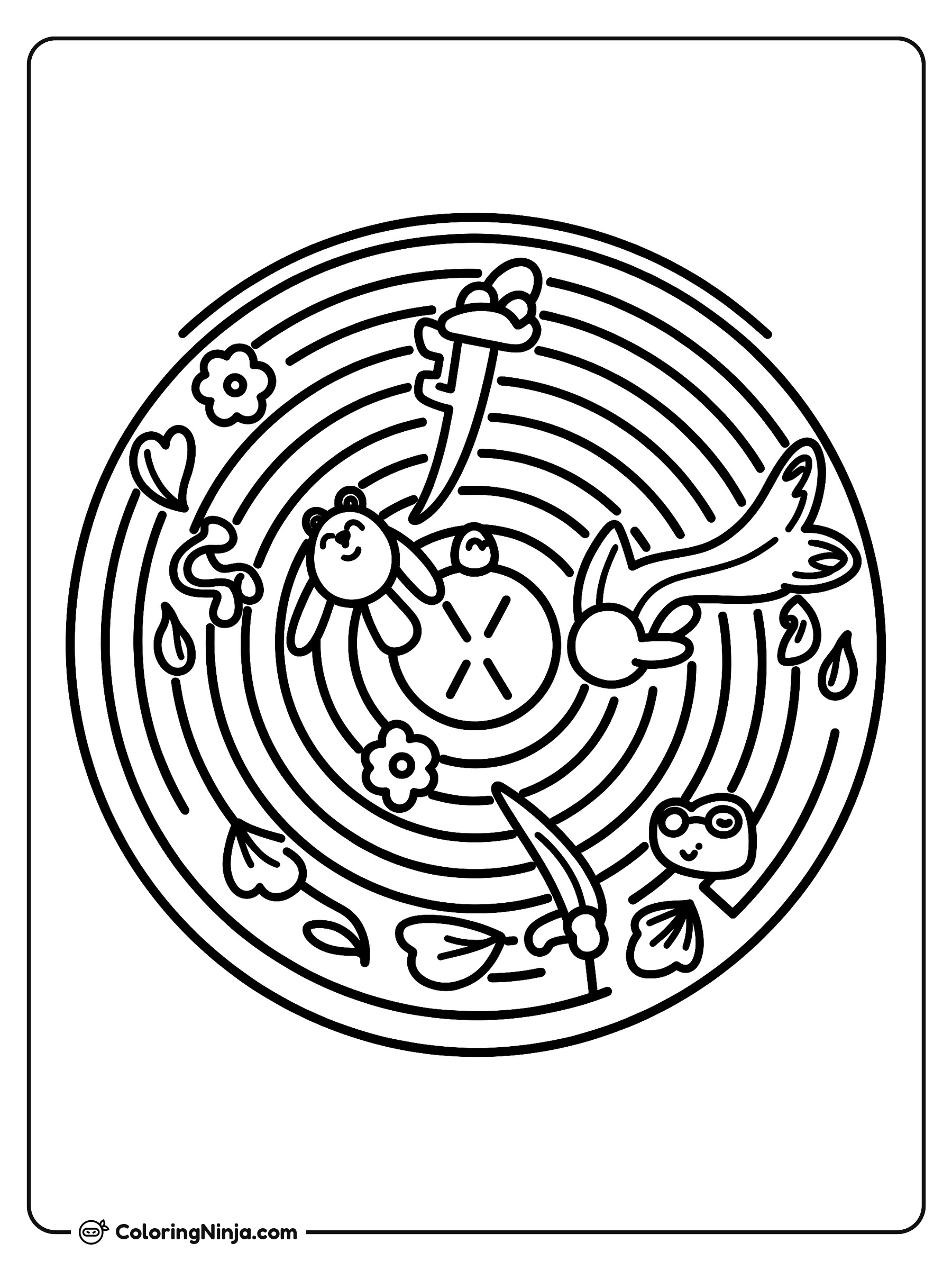 Laberinto Circular con Símbolos Tiernos: dibujo para colorear