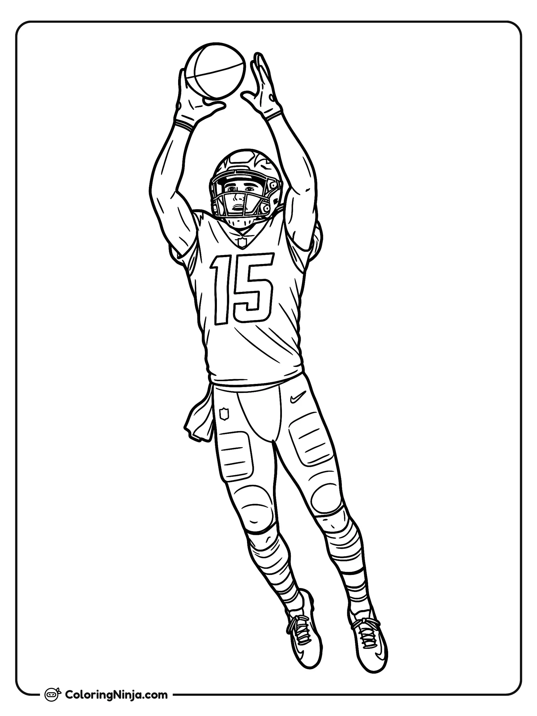 Atrapada Increíble de Ladd McConkey, dibujo para colorear: El jugador de fútbol americano Ladd McConkey salta por los aires con los brazos extendidos para atrapar el balón.