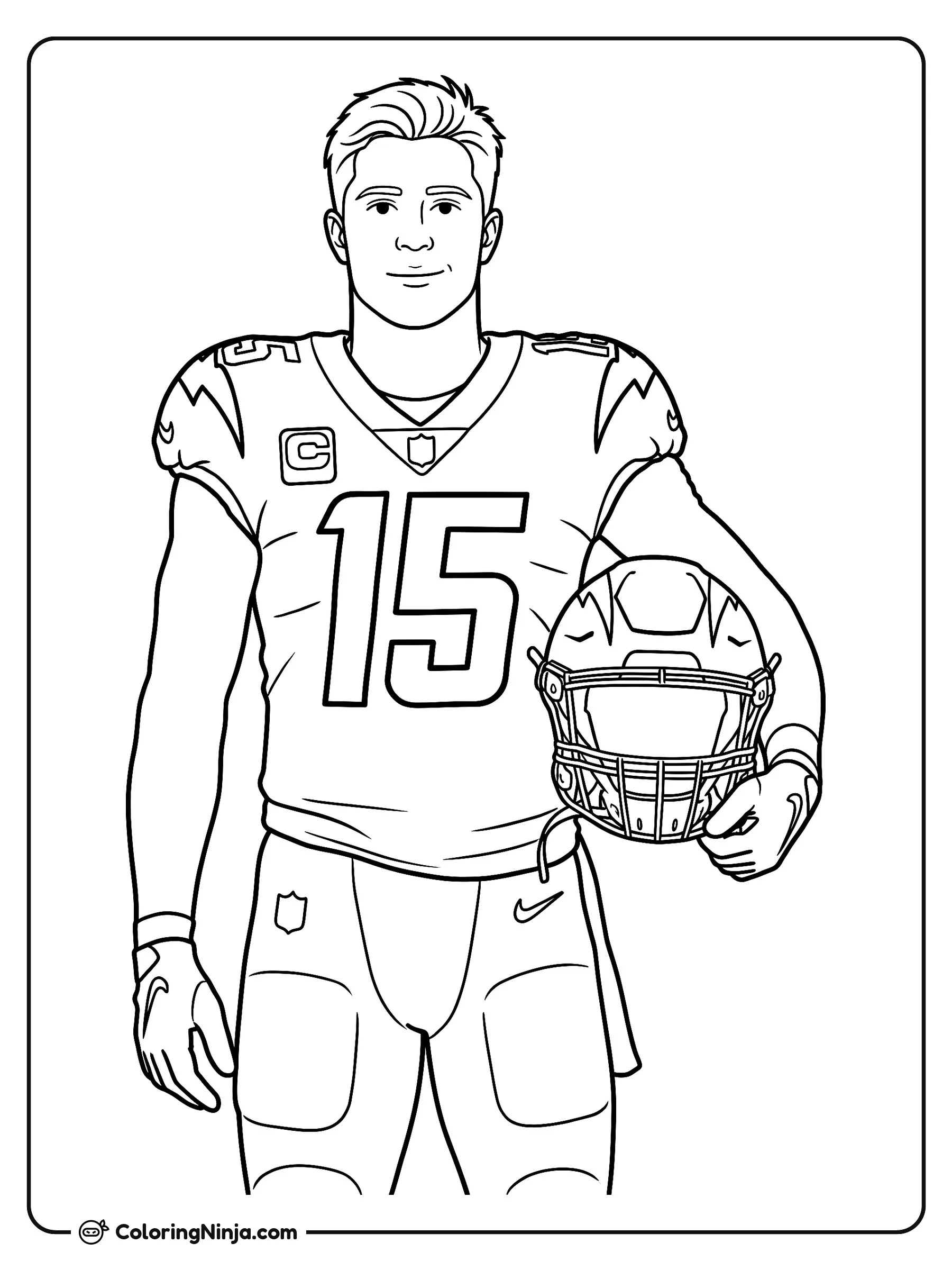 Retrato de Ladd McConkey, dibujo para colorear: Ladd McConkey posa de frente con su uniforme de fútbol americano portando el número 15 y su parche de capitán. Sostiene su casco bajo el brazo listo para el partido.