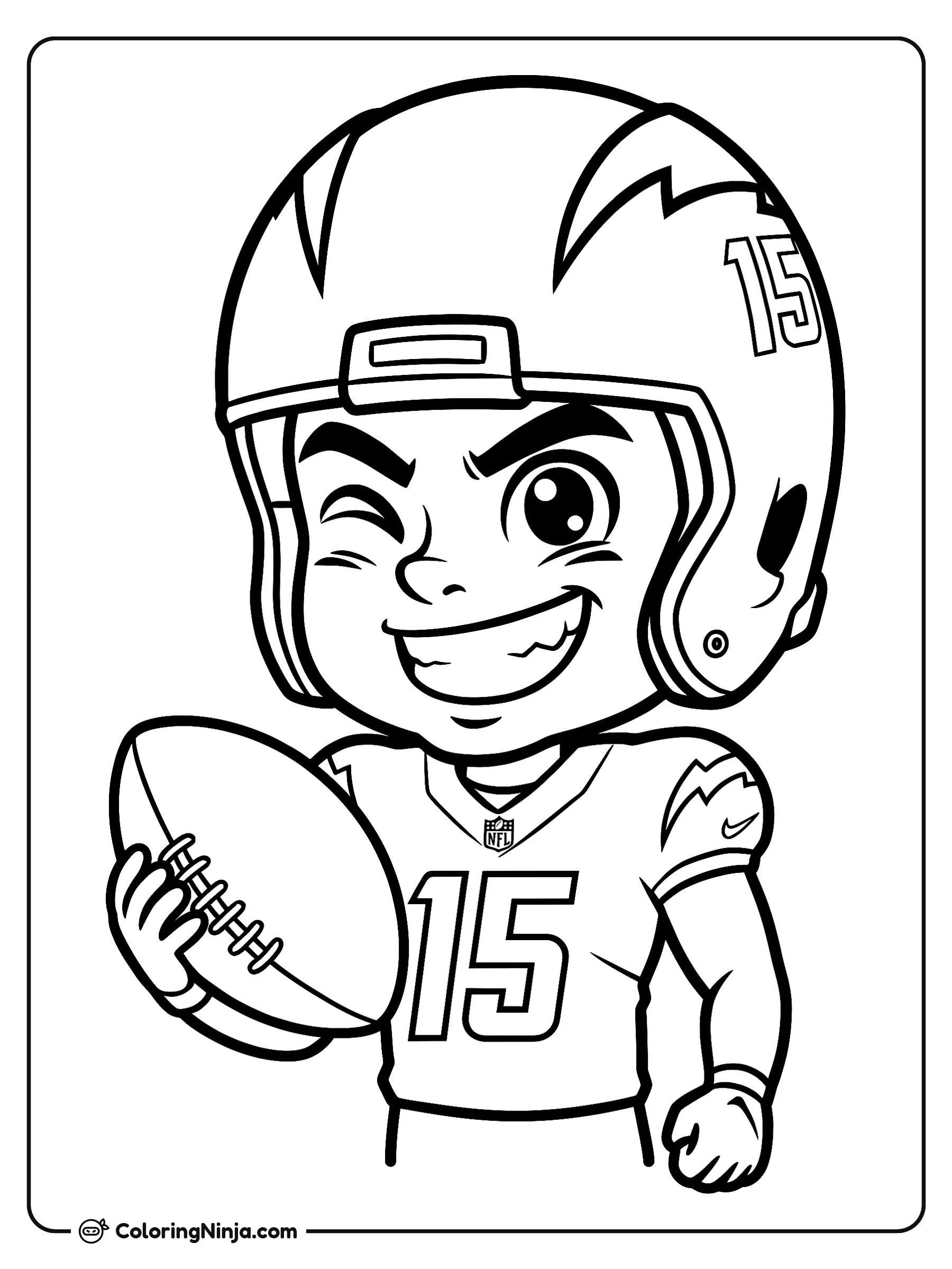 Ladd McConkey Estrella de Fútbol Americano, dibujo para colorear: Ladd McConkey guiña un ojo y sonríe mientras viste su casco de fútbol americano y la camiseta con el número 15. Sostiene un balón firmemente en su mano mientras se prepara para la jugada.