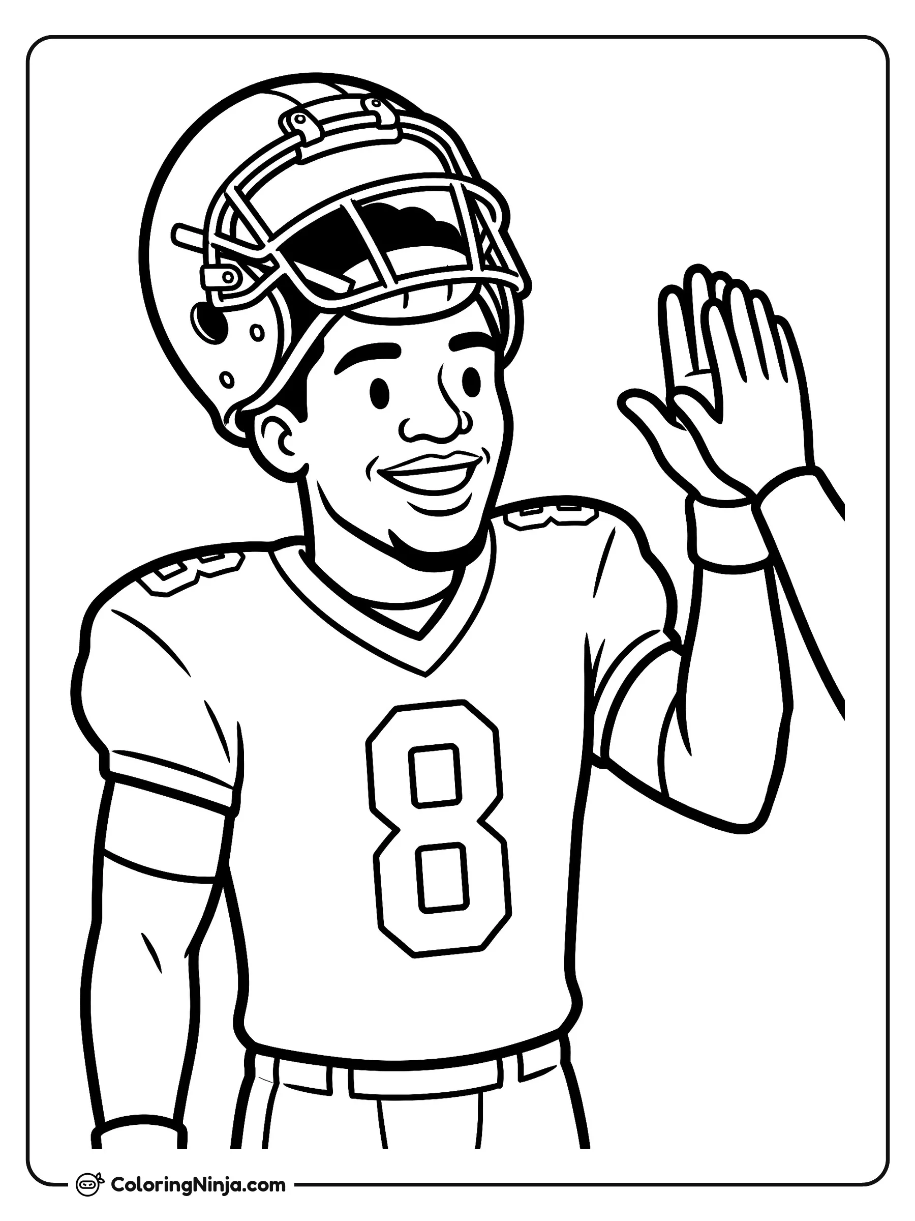Lamar Jackson en Dibujo Animado Sonriente, dibujo para colorear: Lamar Jackson sonríe vistiendo su jersey de fútbol americano con el número ocho visible en el pecho y hombros. Lleva su casco levantado ligeramente mientras choca los cinco con un compañero.