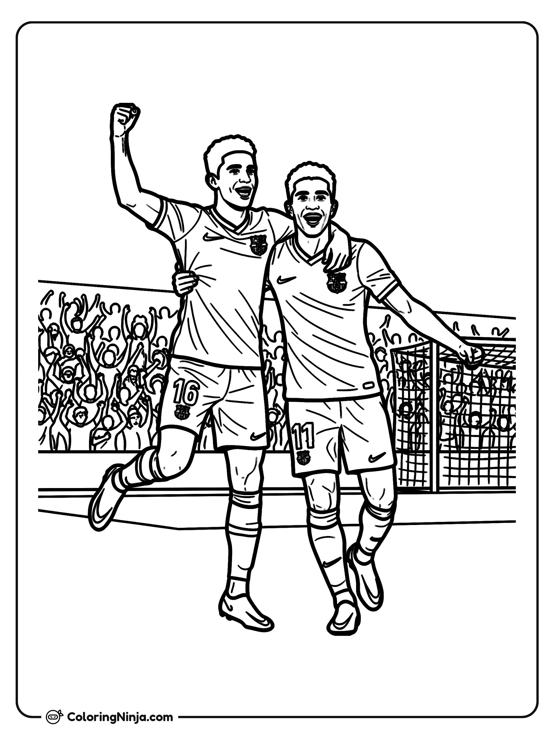 Celebración de gol de Lamine Yamal y Raphinha: dibujo para colorear