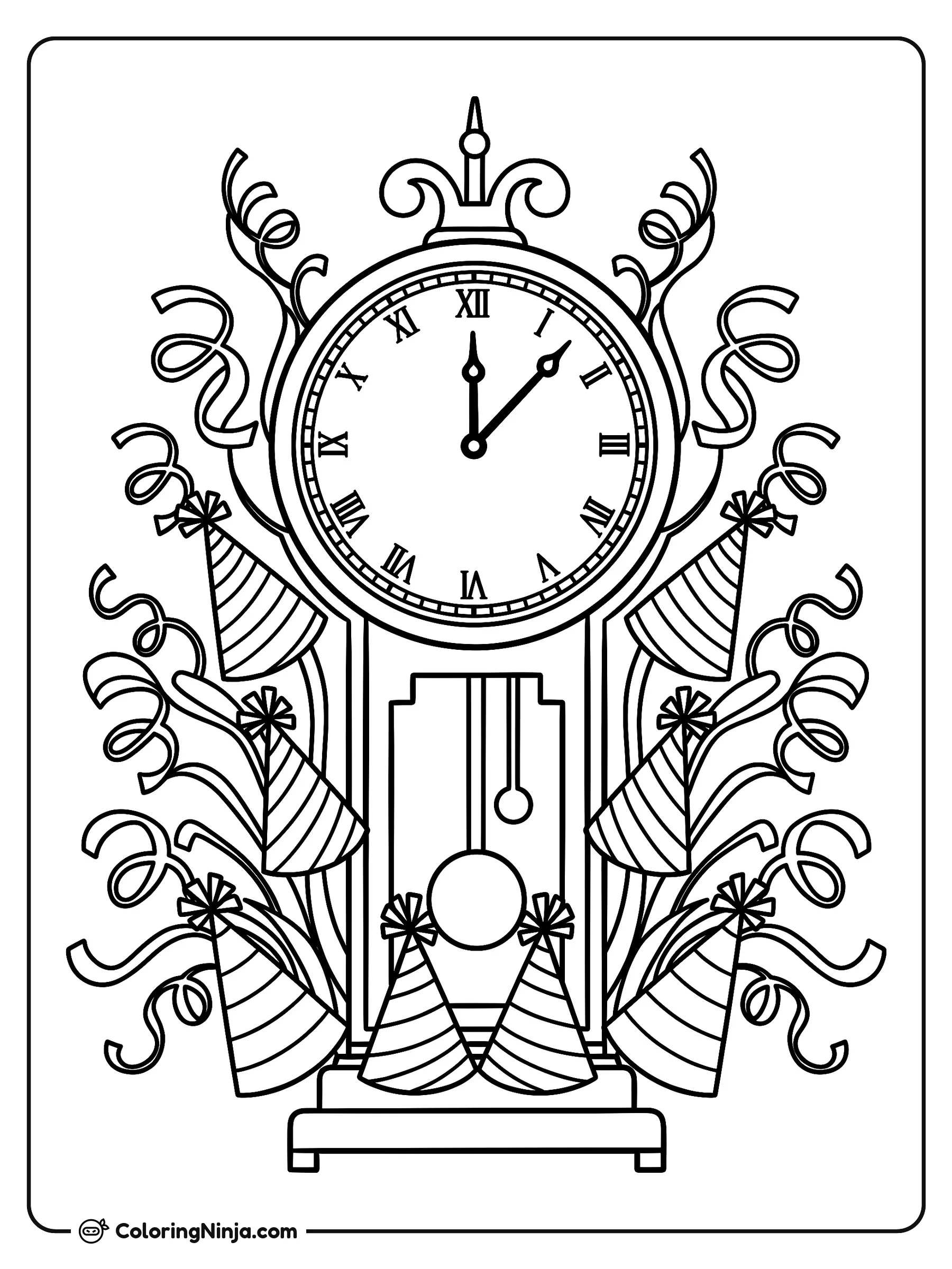 Reloj de péndulo en cuenta regresiva, dibujo para colorear: Un elegante reloj de péndulo destaca rodeado de serpentinas rizadas y gorros festivos en una emocionante celebración.