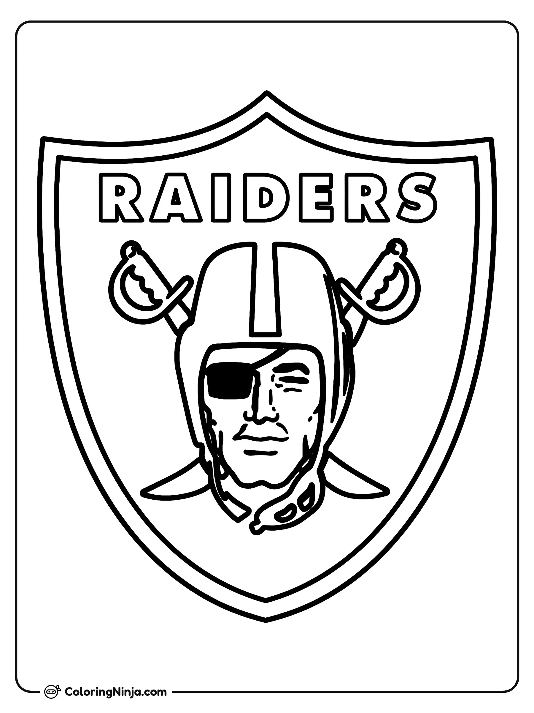 Logo oficial de Las Vegas Raiders, dibujo para colorear: Esta página presenta el logo oficial de Las Vegas Raiders dentro de un gran escudo.