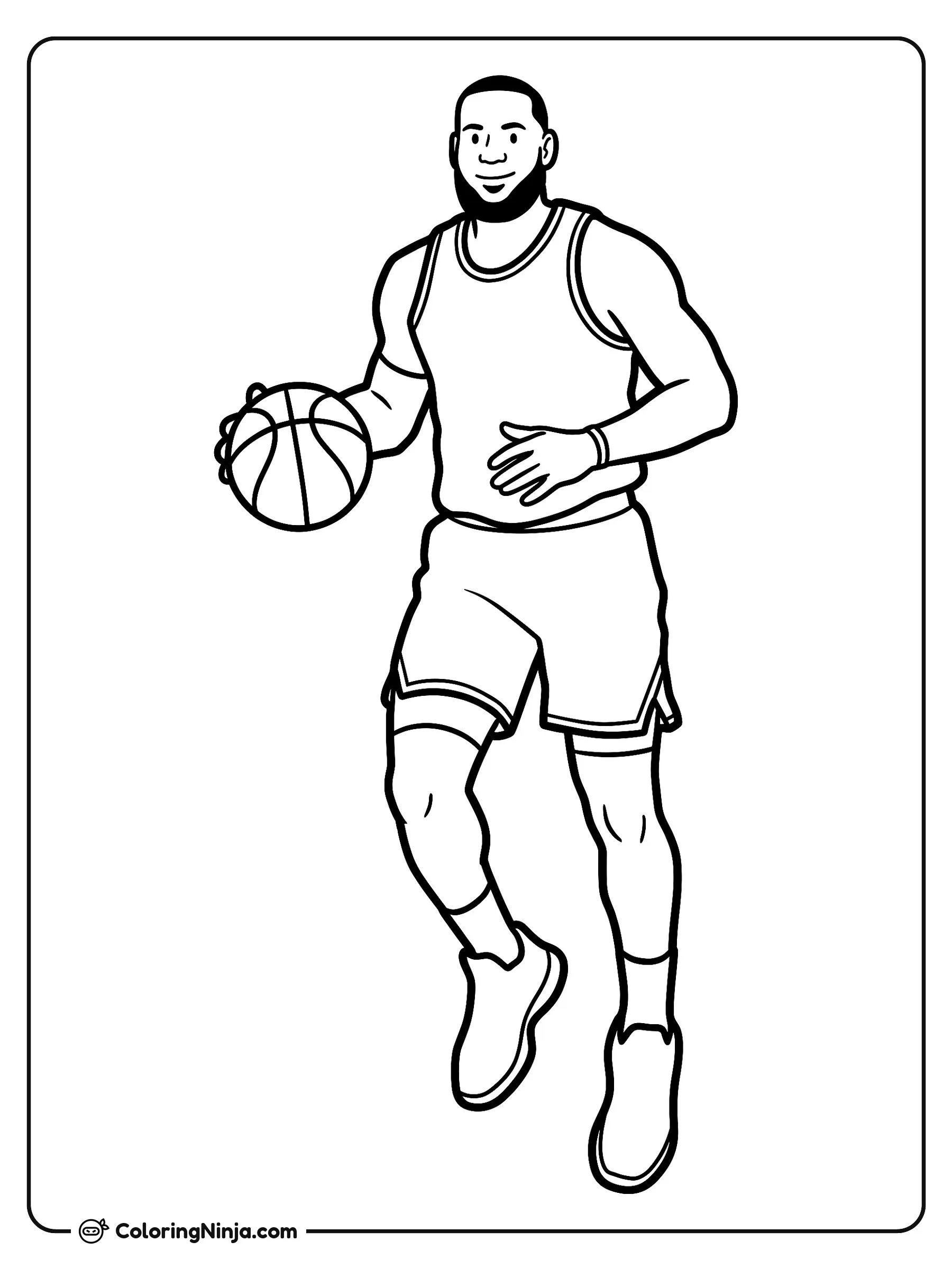 Dibujo de LeBron James jugando básquetbol, dibujo para colorear: LeBron James aparece vistiendo su uniforme de básquetbol y tenis deportivos mientras rebota el balón en plena acción.