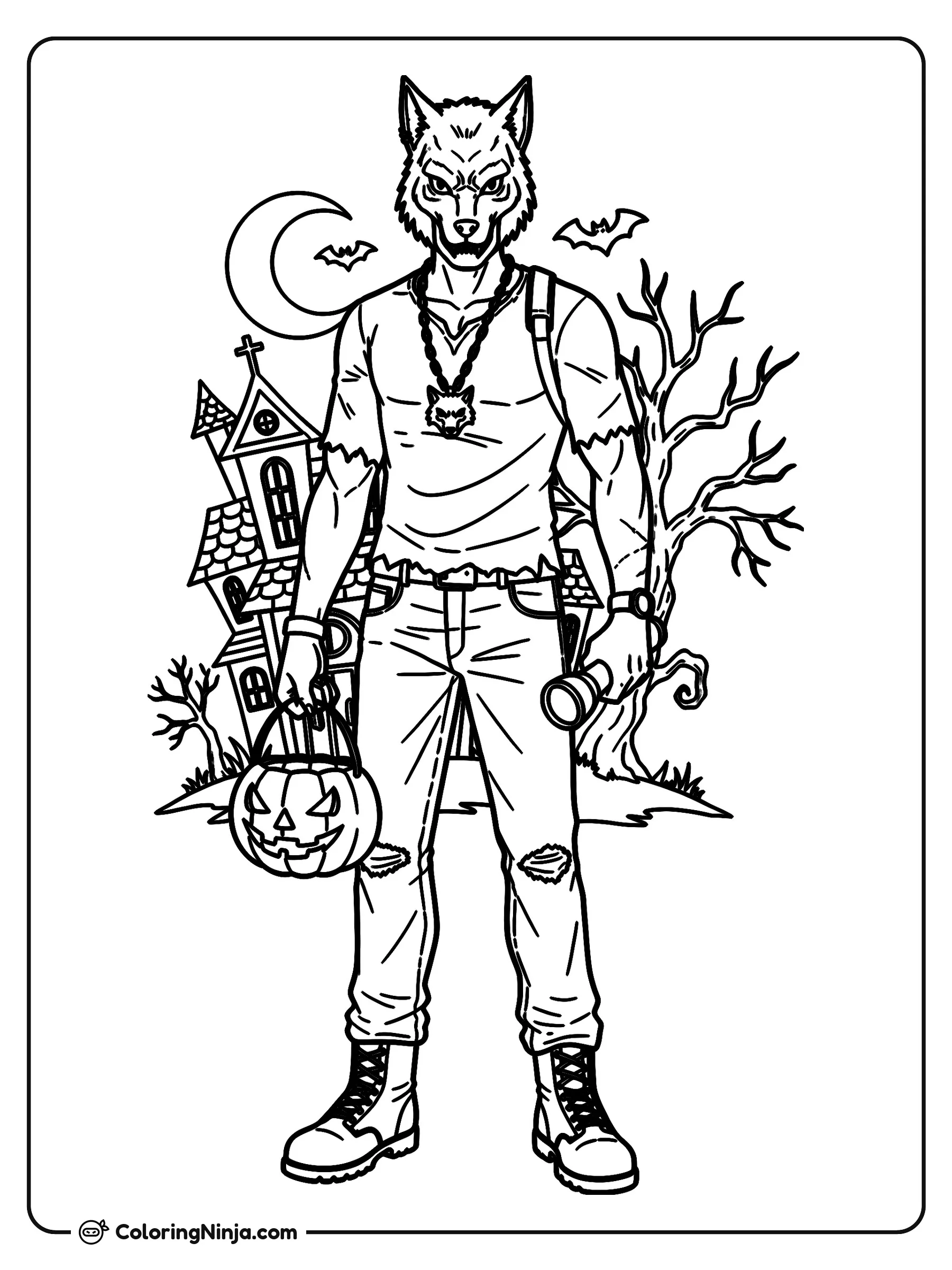 Leon con máscara de lobo en Halloween, dibujo para colorear: Leon posa con una máscara de lobo mientras sostiene una linterna y una cubeta de calabaza en una noche espeluznante.