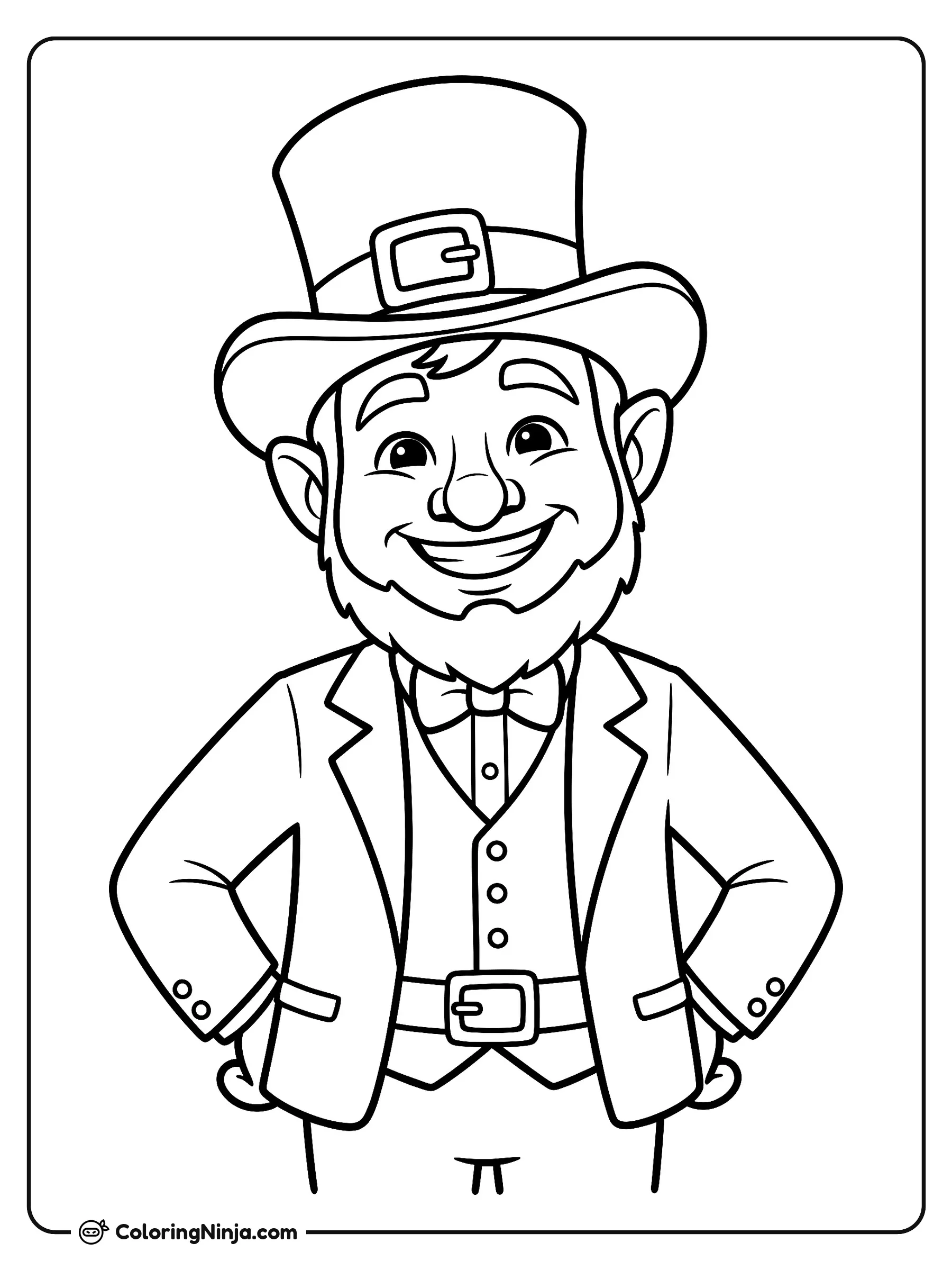 Duende irlandés sonriente con sombrero alto, dibujo para colorear: Un alegre duende irlandés posa con las manos en la cintura, vistiendo su clásico sombrero con hebilla, chaleco y pajarita. Su amplia sonrisa y poblada barba le dan un toque muy amigable.