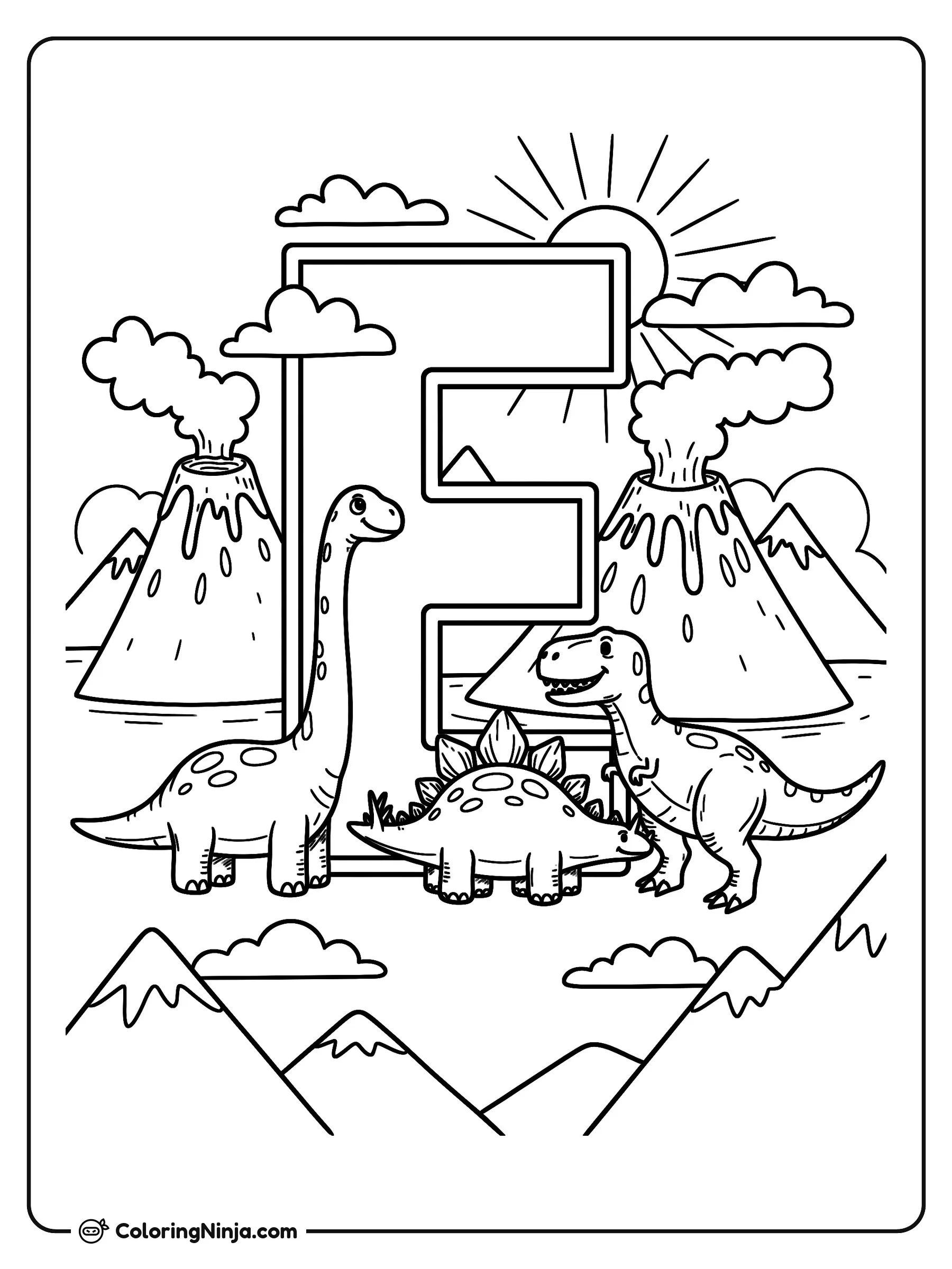 Letra E en Mundo Dinosaurio, dibujo para colorear: Una gran letra E mayúscula se alza en un paisaje prehistórico junto a tres amigables dinosaurios, volcanes y montañas.