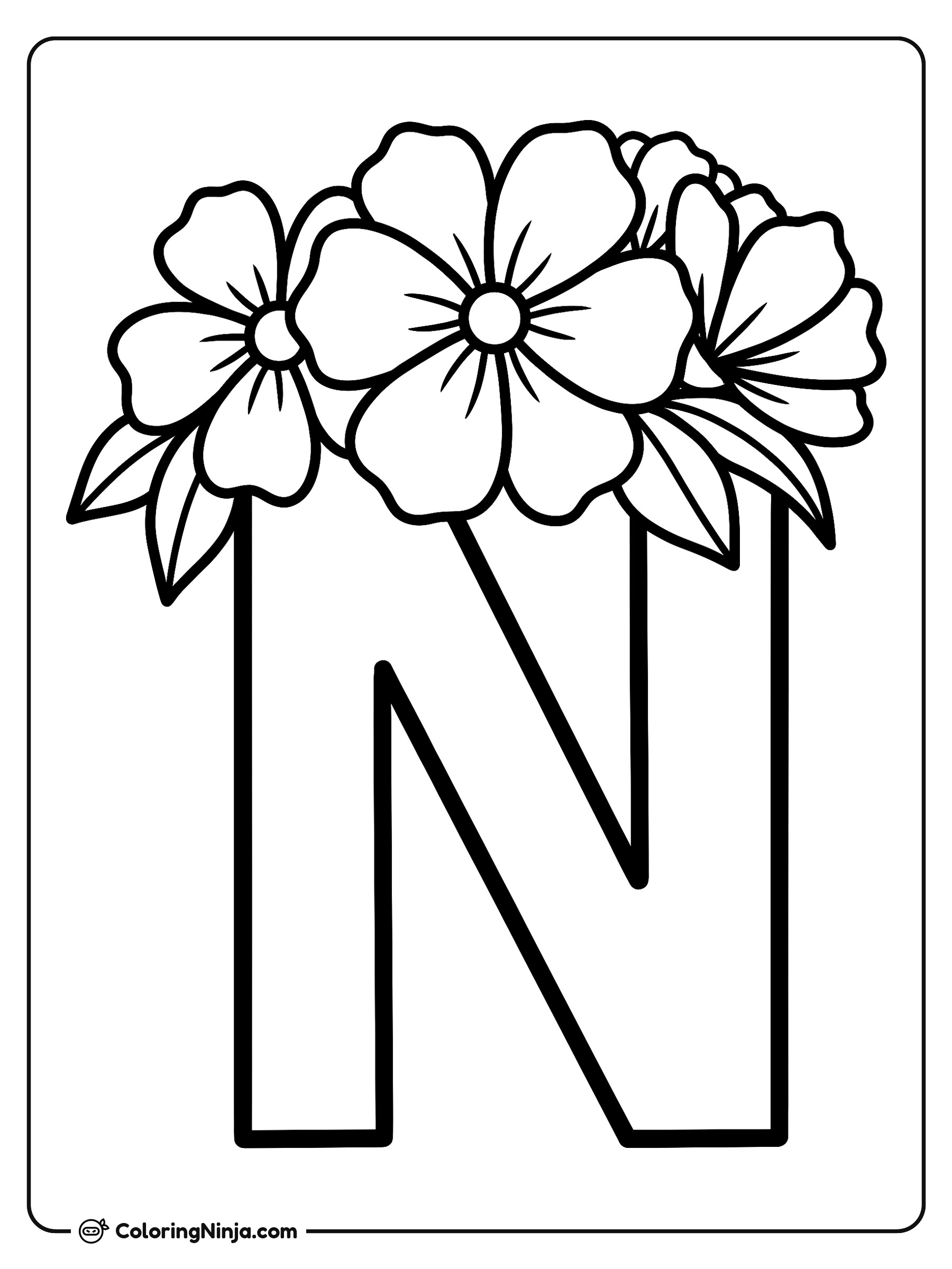 Letra N con flores en la parte superior: dibujo para colorear