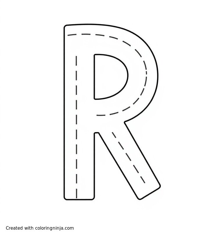 A coloring page of a letter R with dashed line to be traced