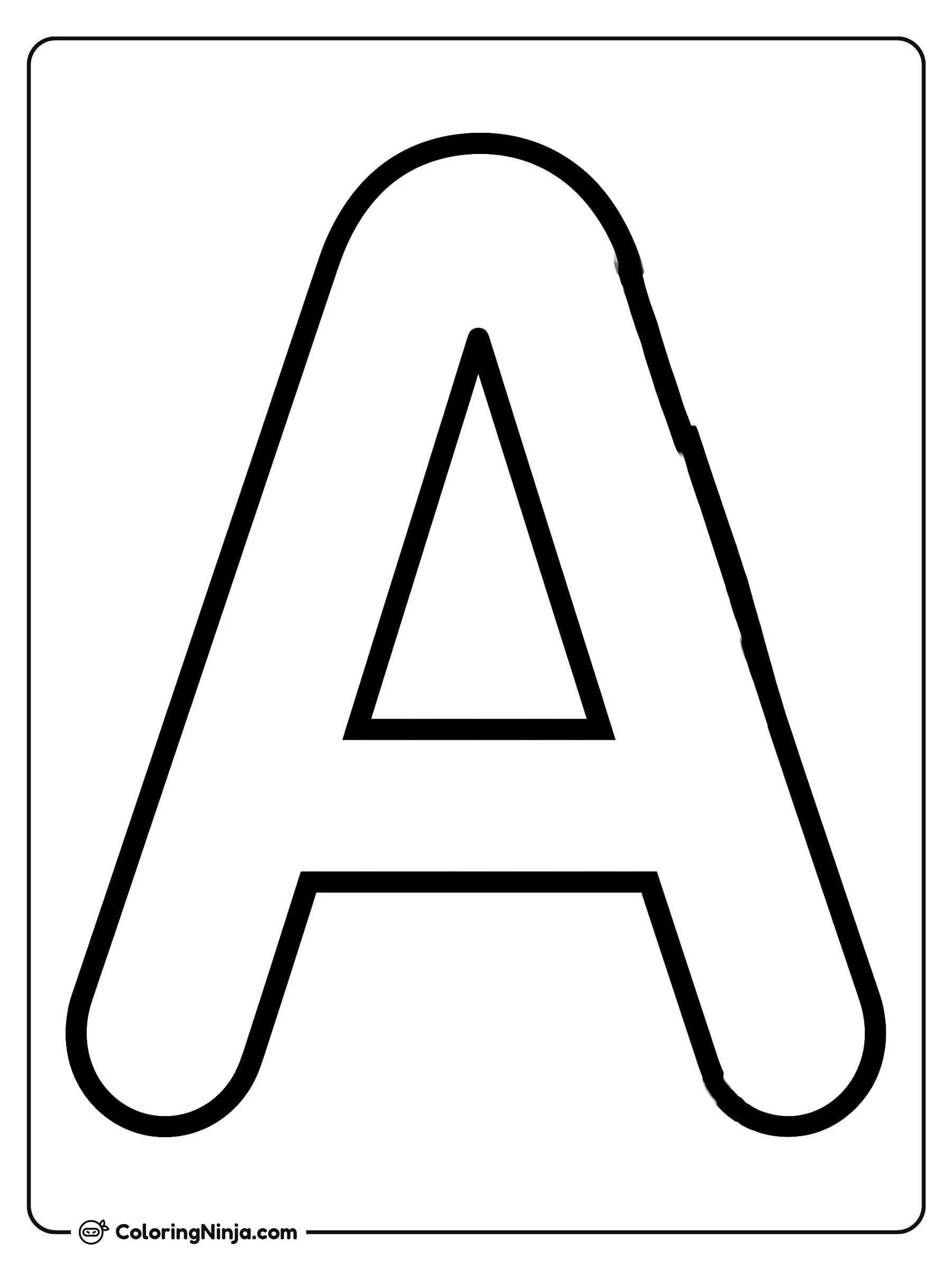Letra A mayúscula sencilla, dibujo para colorear: Una gran letra A mayúscula se encuentra en el centro de la página para la práctica del alfabeto. Su diseño claro y amplio facilita el relleno con crayones o plumones.