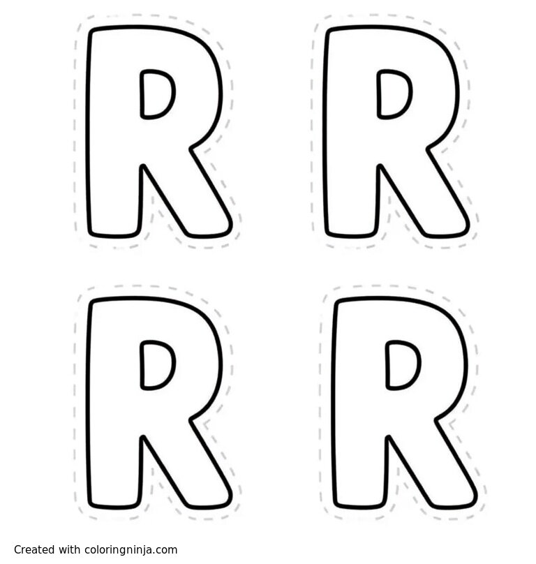 A coloring page of letters "R R R R" in a 2x2 grid with dotted lines