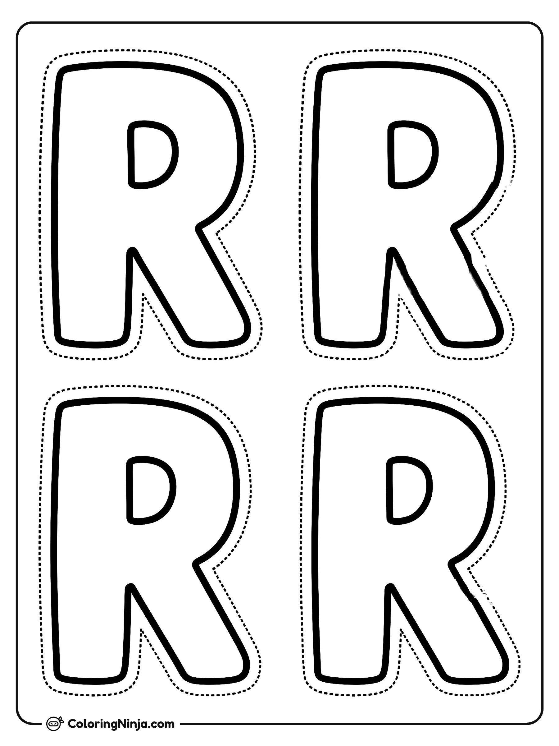 Cuatro letras R mayúsculas en cuadrícula, dibujo para colorear: Esta página presenta cuatro letras R mayúsculas organizadas en una cuadrícula sencilla. Su diseño limpio e intuitivo facilita el aprendizaje temprano de las formas del alfabeto.