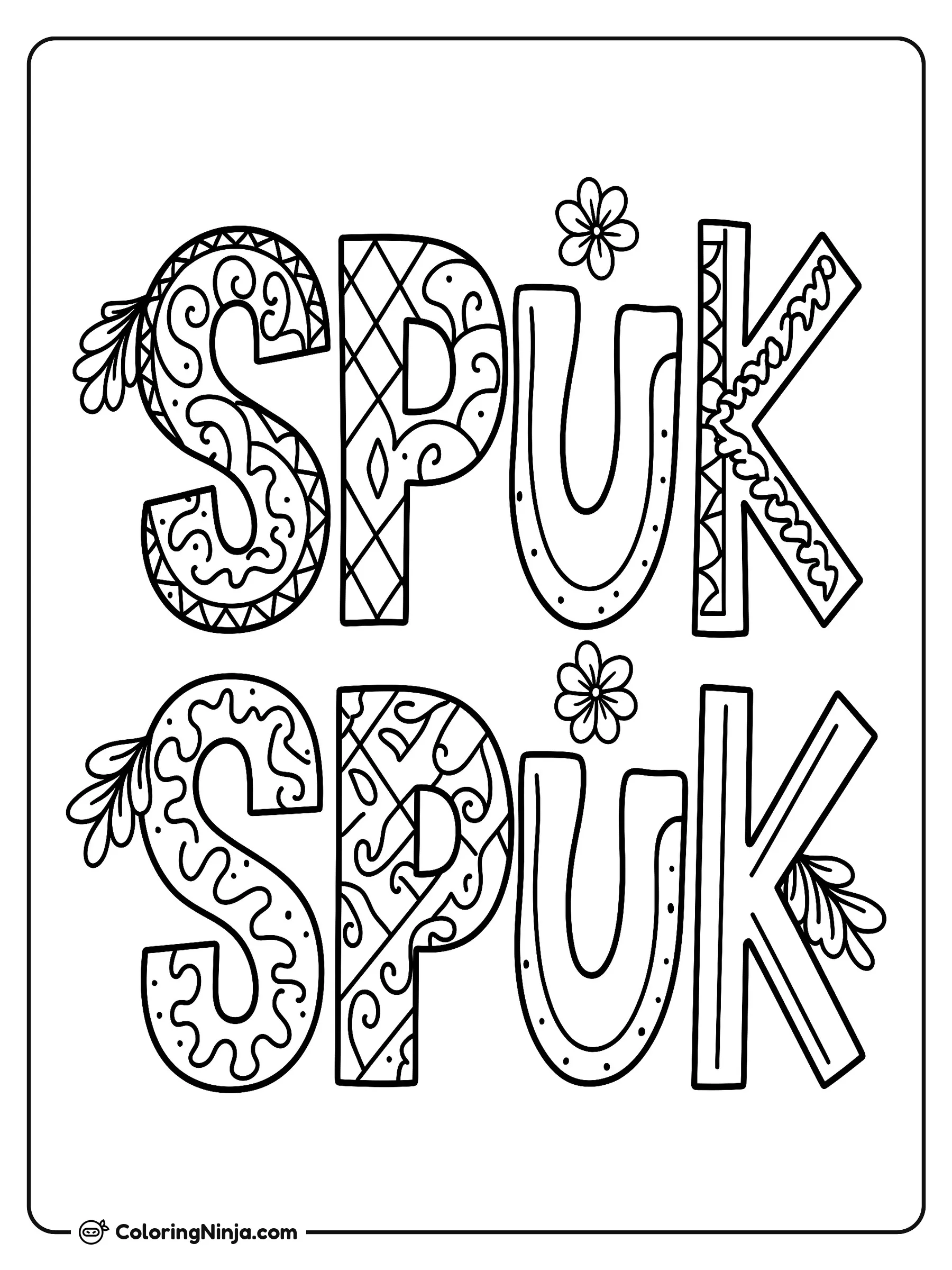 Letras decorativas S P U K, dibujo para colorear: Las letras decorativas S, P, U y K aparecen organizadas en dos filas idénticas sobre la página.