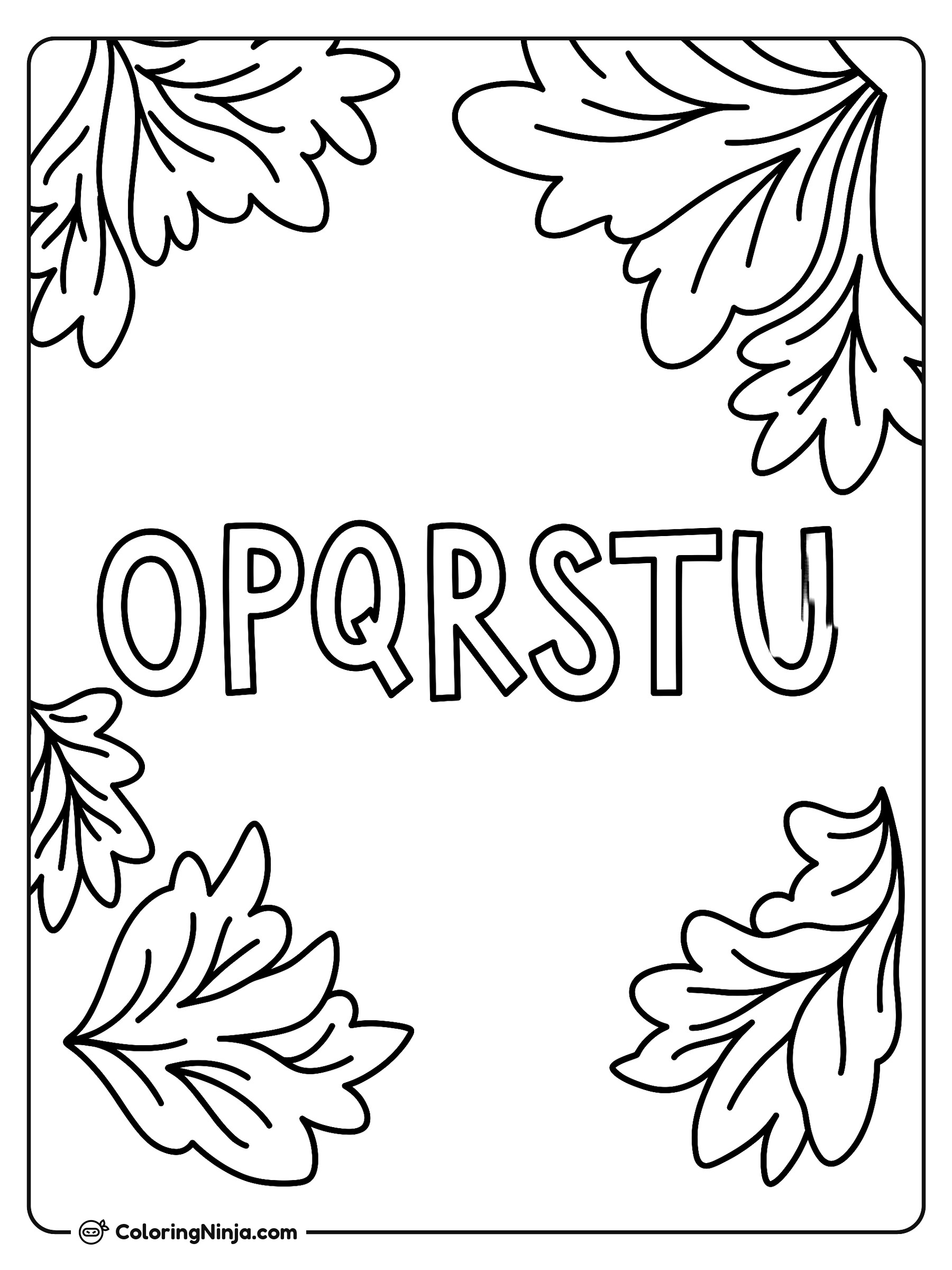 Letras OPQRSTU con marco de hojas: dibujo para colorear