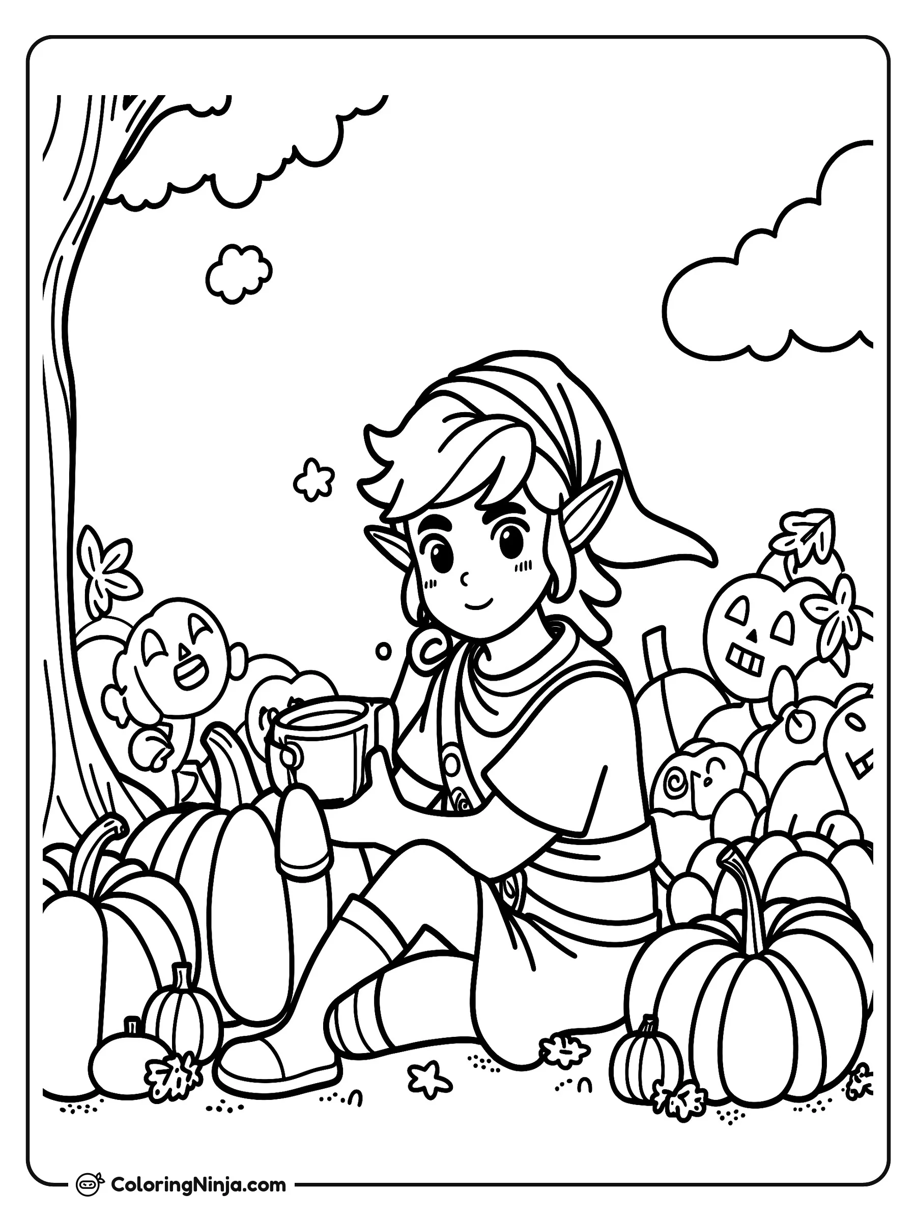 Link en la feria de Halloween, dibujo para colorear: Link descansa al aire libre rodeado de muchas calabazas talladas junto a un gran árbol. Sostiene una taza caliente mientras disfruta del ambiente otoñal lleno de hojas secas.