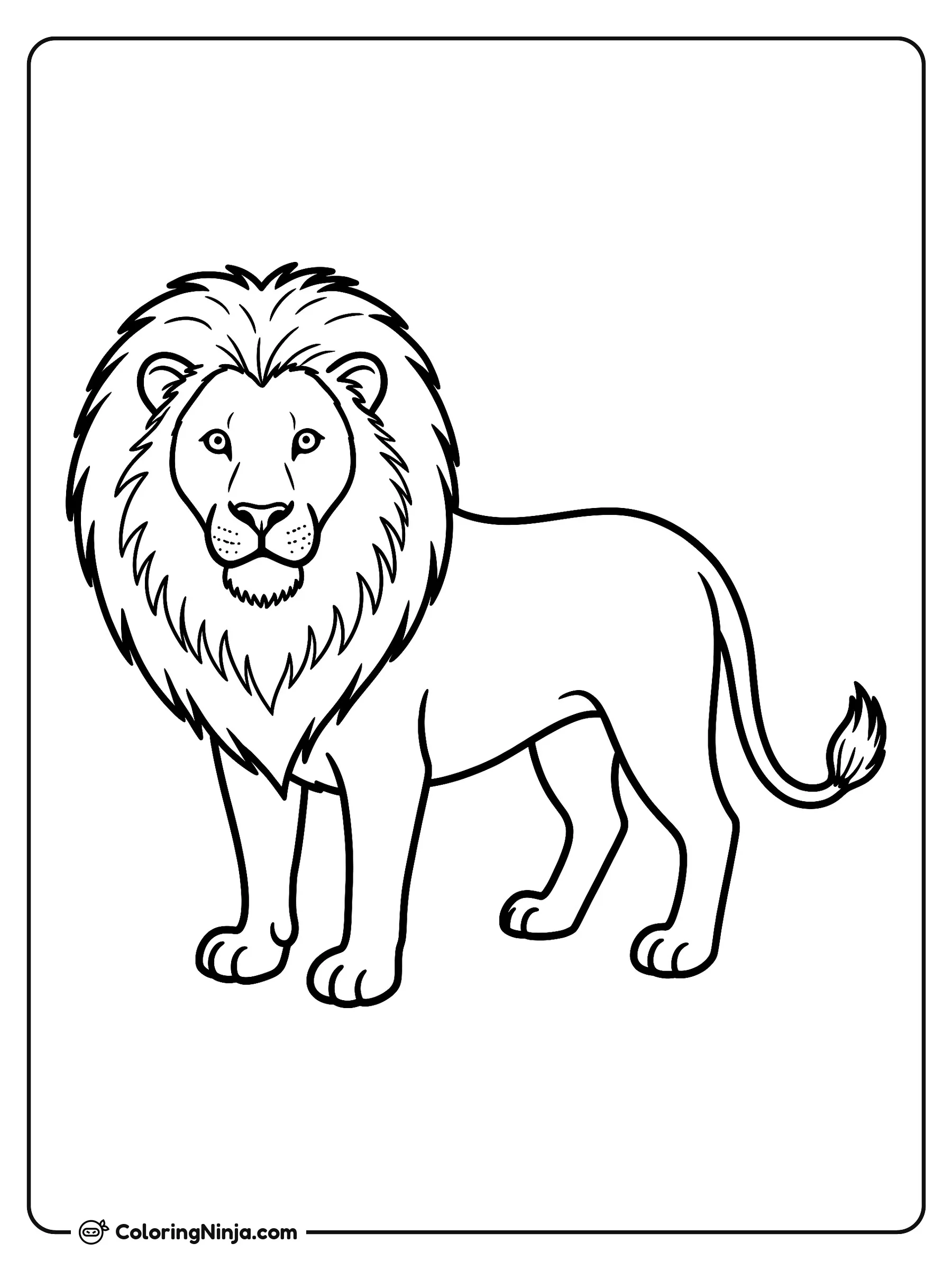 Un león majestuoso de pie, dibujo para colorear: Un león se mantiene de pie con firmeza mirando hacia adelante con una expresión tranquila. Este felino salvaje destaca por su gran melena abultada y una cola larga con mechón en la punta.