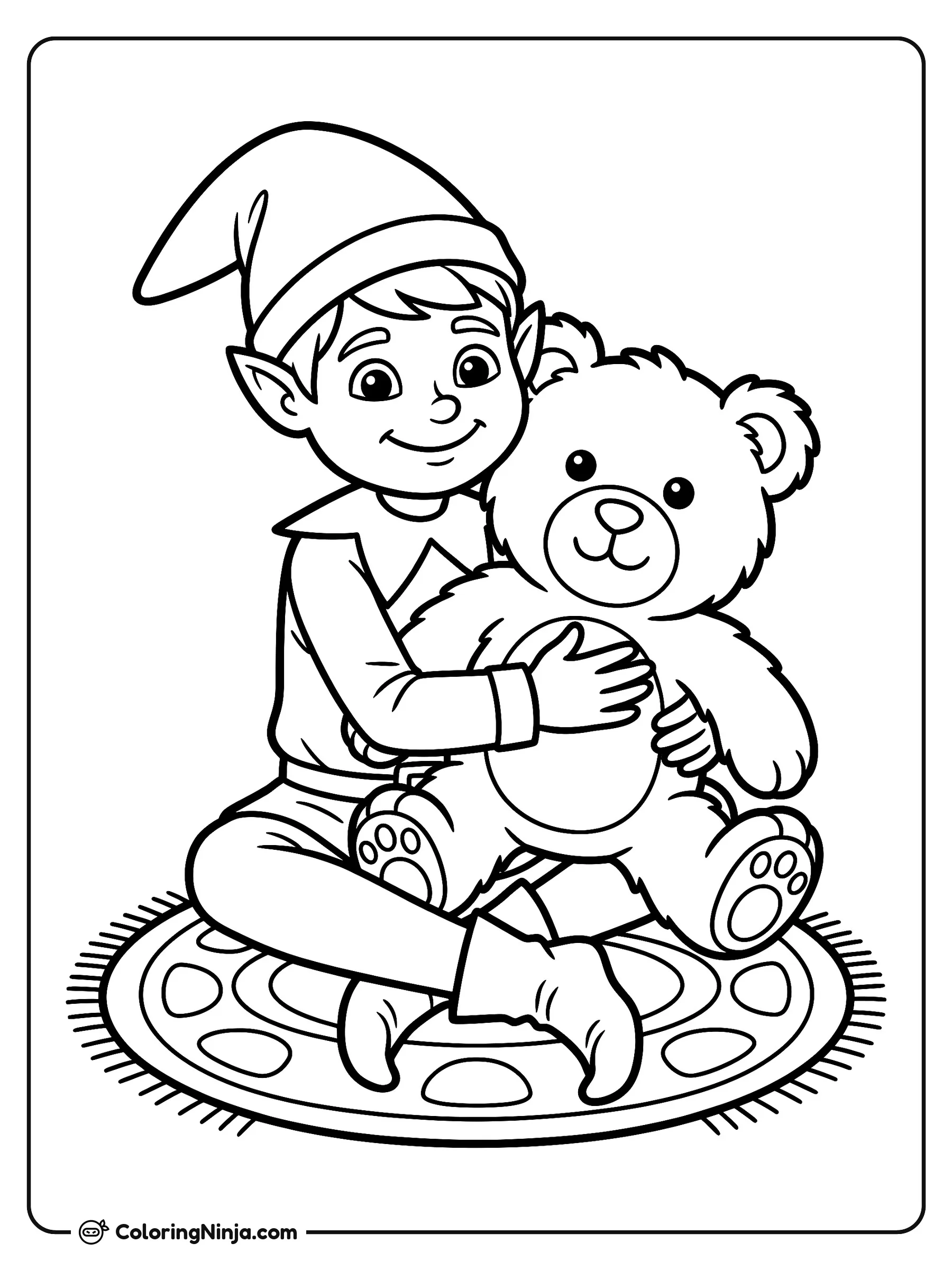 Little Elf Hugging a Teddy Bear Coloring Page: A small elf sits on a patterned floor rug while wrapping both arms around a soft teddy bear. The teddy bear features stitched button eyes and a fabric bow around its neck.
