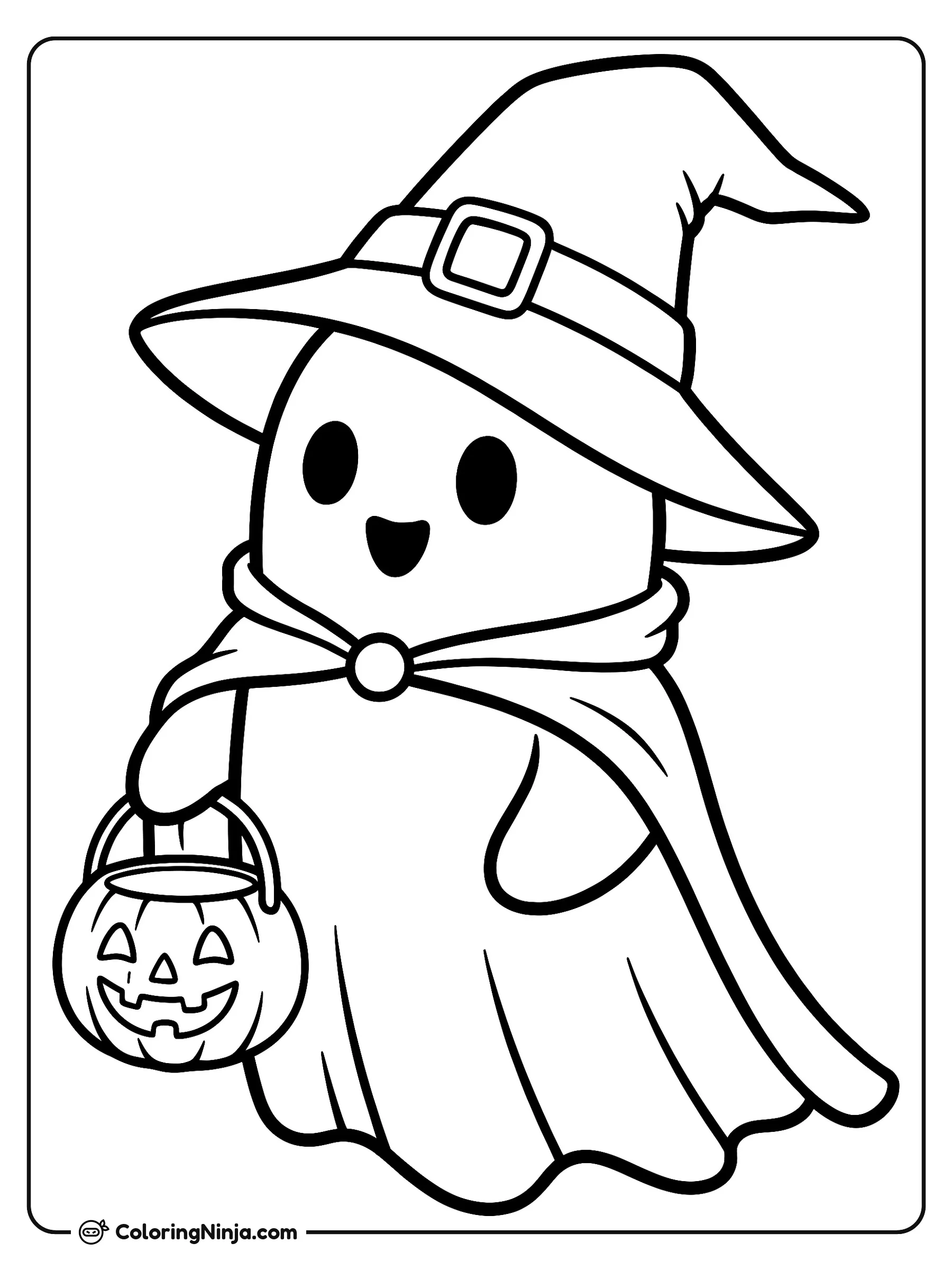 Fantasma de Halloween con sombrero de bruja, dibujo para colorear: Un simpático fantasma lleva un gran sombrero de bruja y una capa corta para pedir dulces en Halloween.