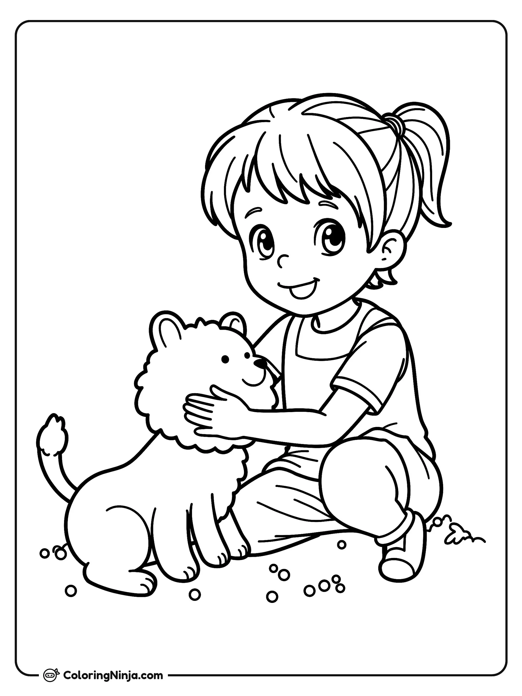 Niña alegre jugando con su mascota, dibujo para colorear: Una alegre niña con peinado de coleta se agacha para acariciar con cariño a un amigable animalito sentado a su lado. El suelo a su alrededor está decorado con pequeñas piedras y hojas.