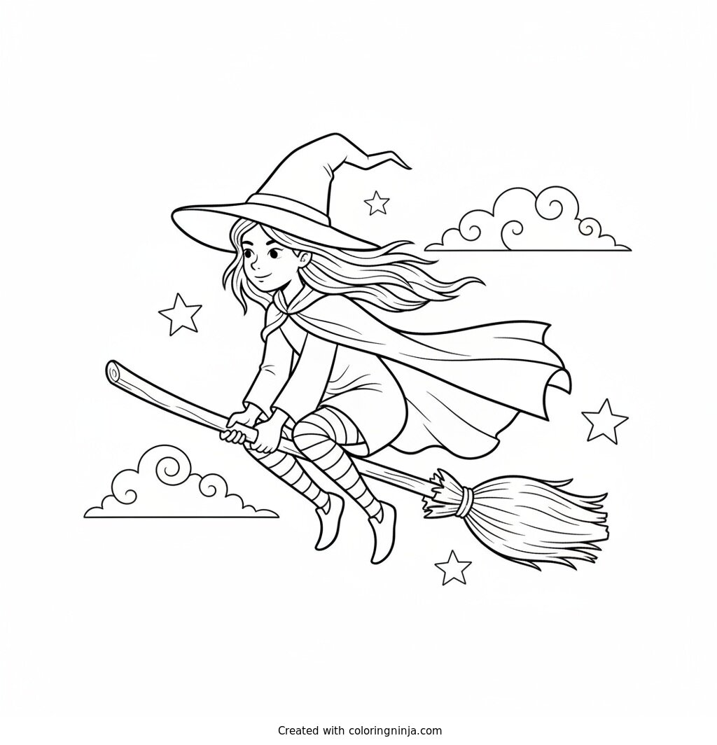 Little Witch Flying High Coloring Page