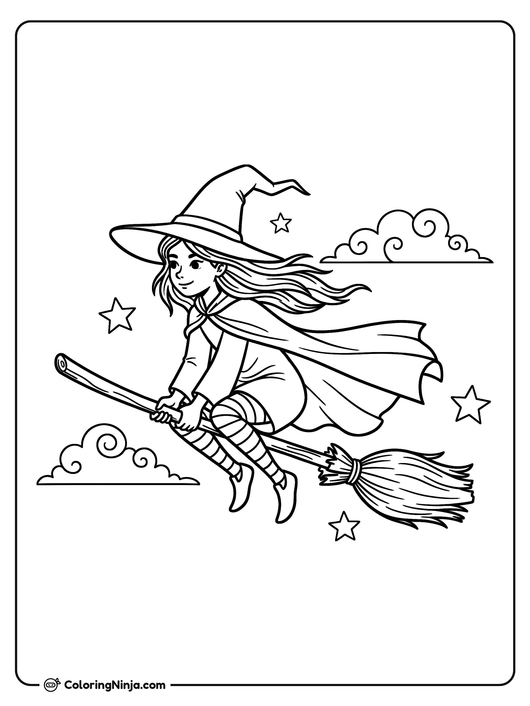 Brujita volando alto en el cielo: dibujo para colorear