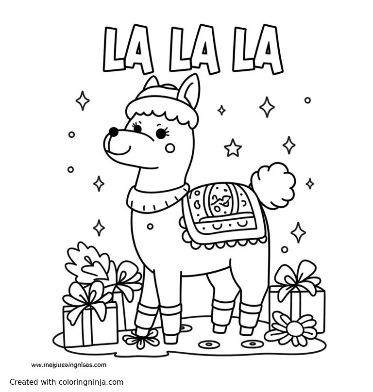 A coloring page of a llama with christmas decorations and gifts and the works "LA LA LA" 