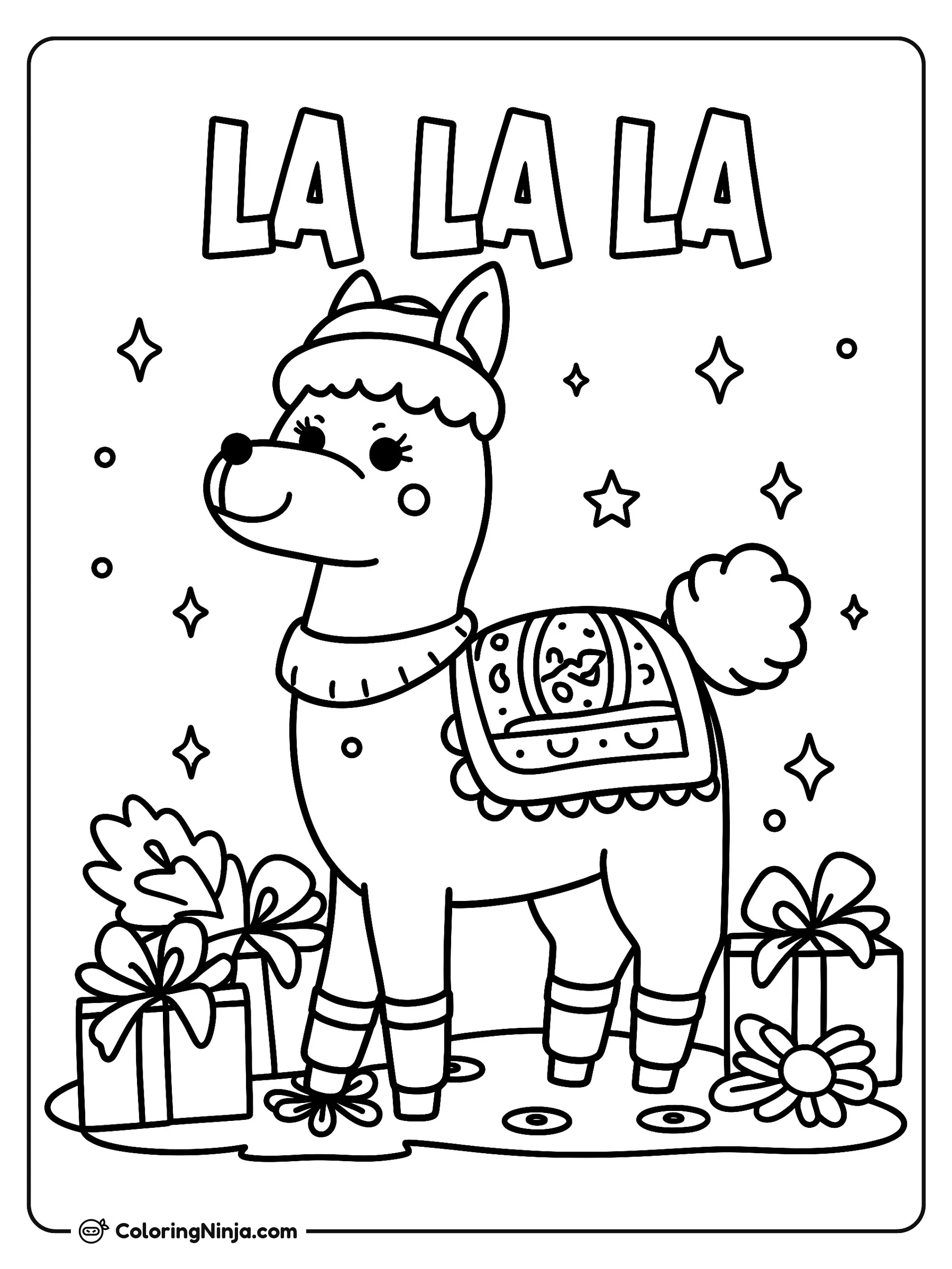 A Festive Christmas Llama Coloring Page: This holiday coloring page features a llama adorned with festive Christmas decorations and surrounded by gifts, along with the words "LA LA LA".