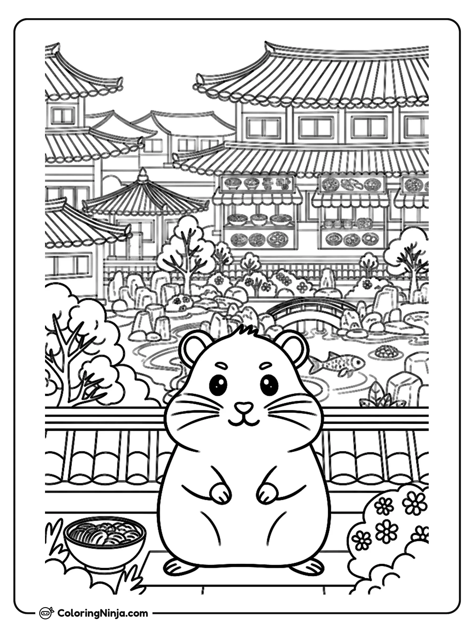 Hamster in a Korean Rooftop Garden Coloring Page: A cute hamster enjoys a peaceful rooftop garden filled with traditional Korean plants and flowers.