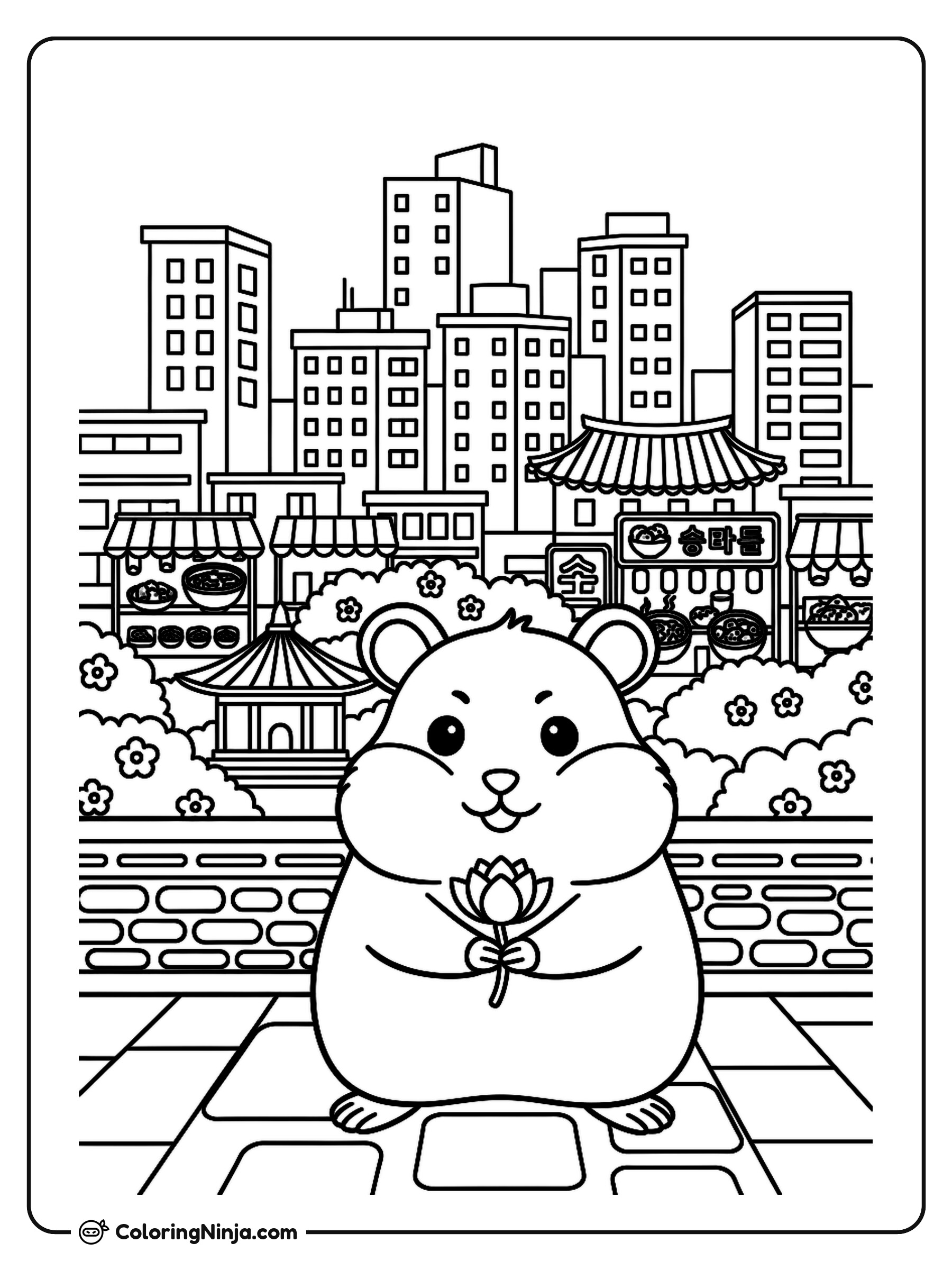 Hamster in a Korean Rooftop Garden Coloring Page