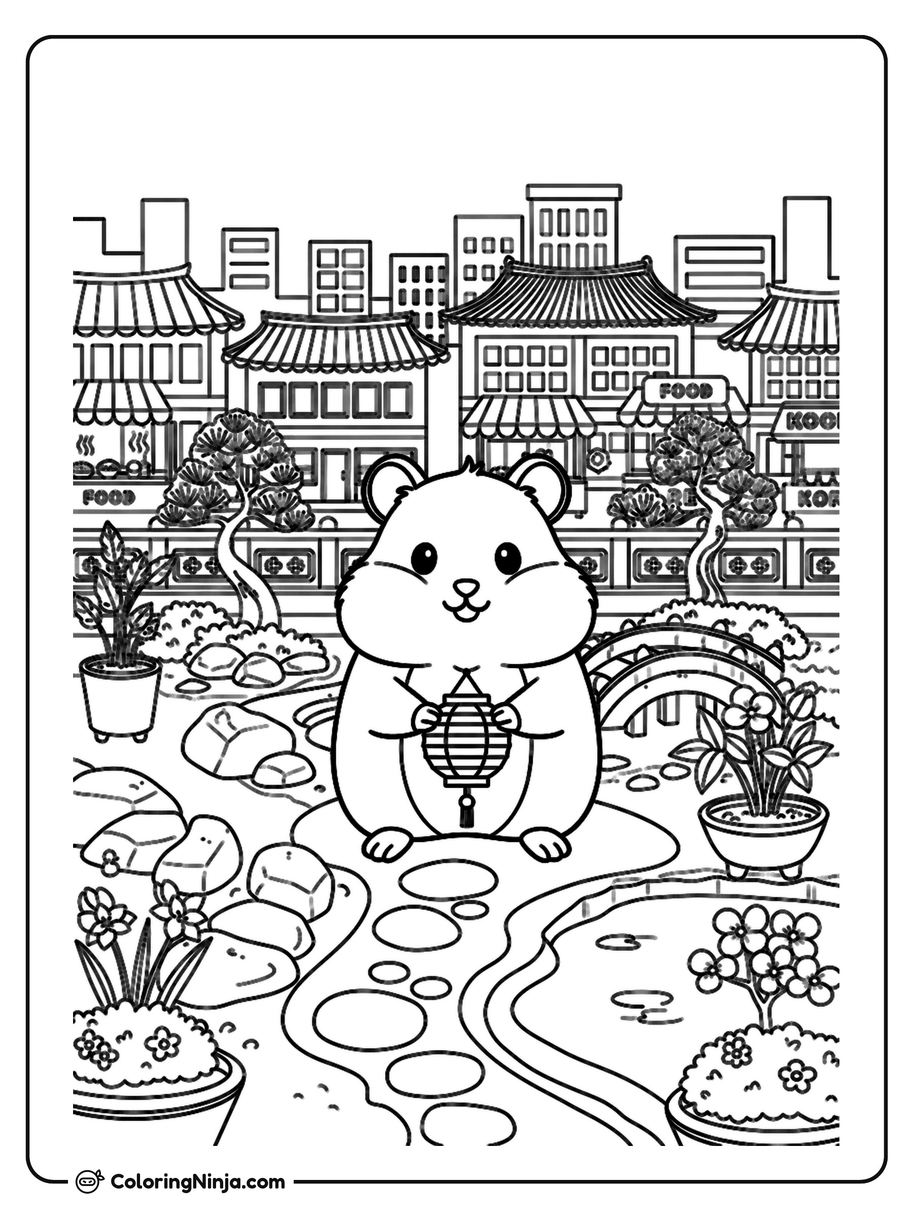 Hamster in a Korean Rooftop Garden Coloring Page