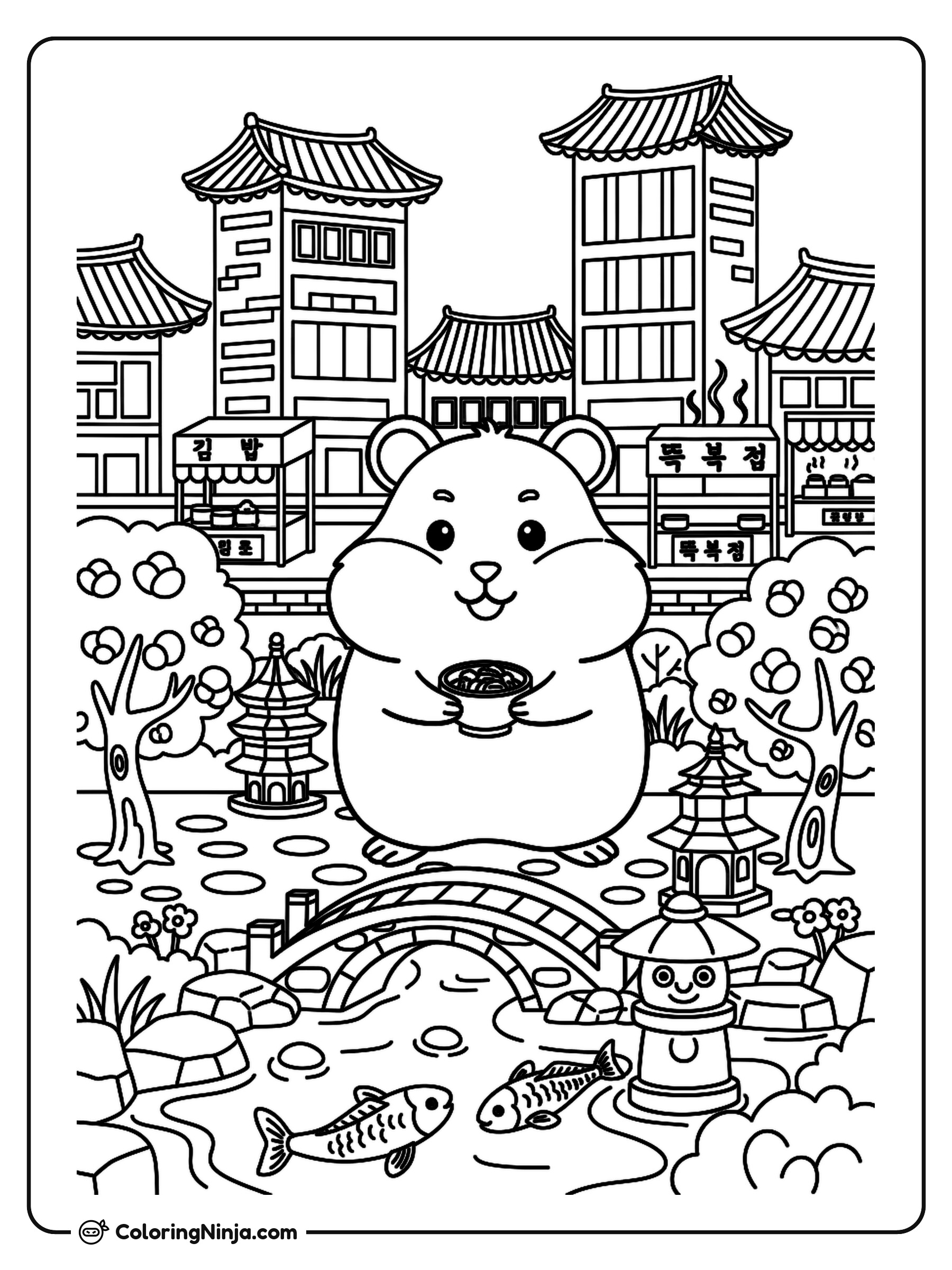 Hamster in a Korean Rooftop Garden Coloring Page