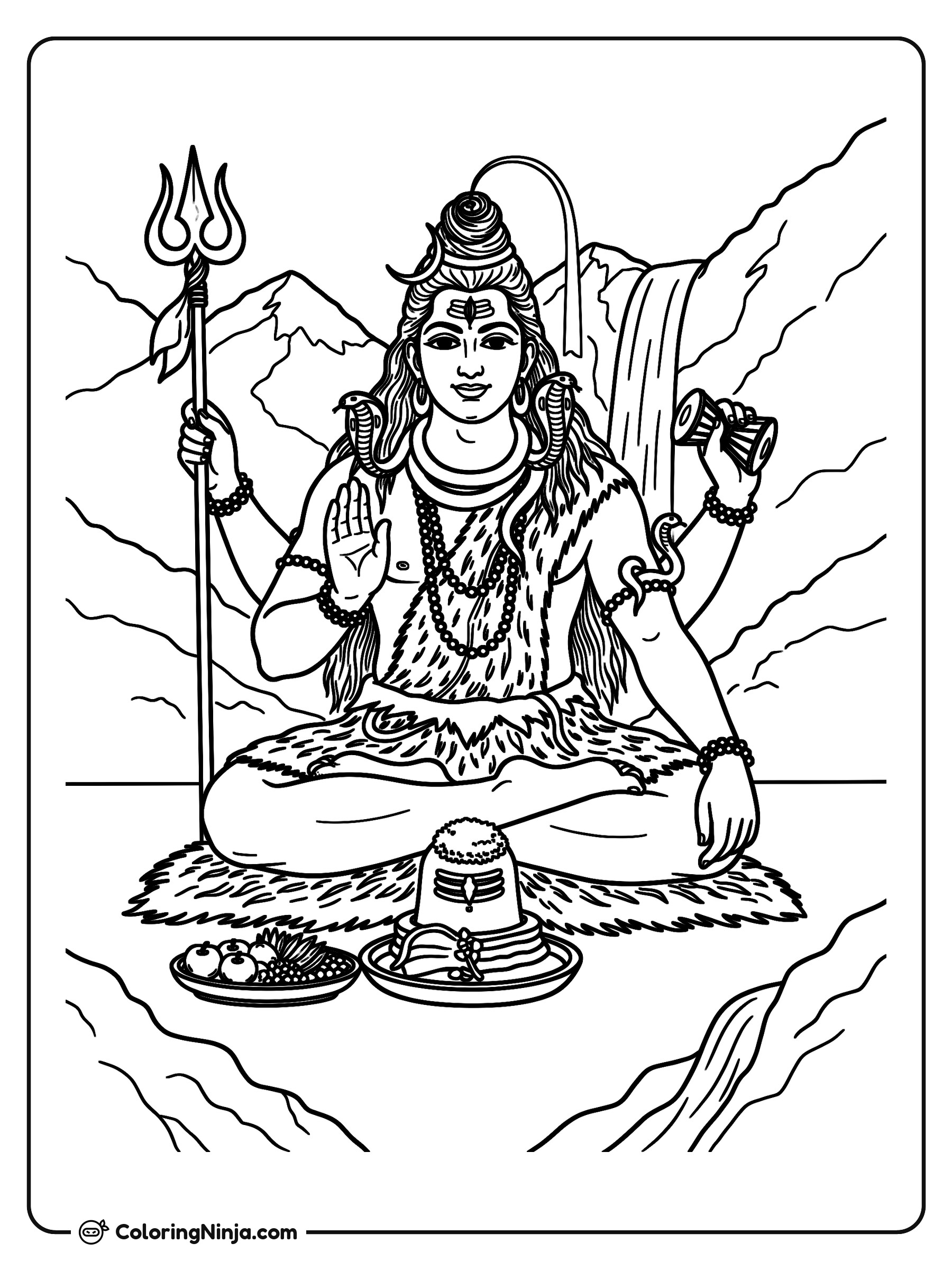 El dios Shiva junto al Shivling y la cascada: dibujo para colorear