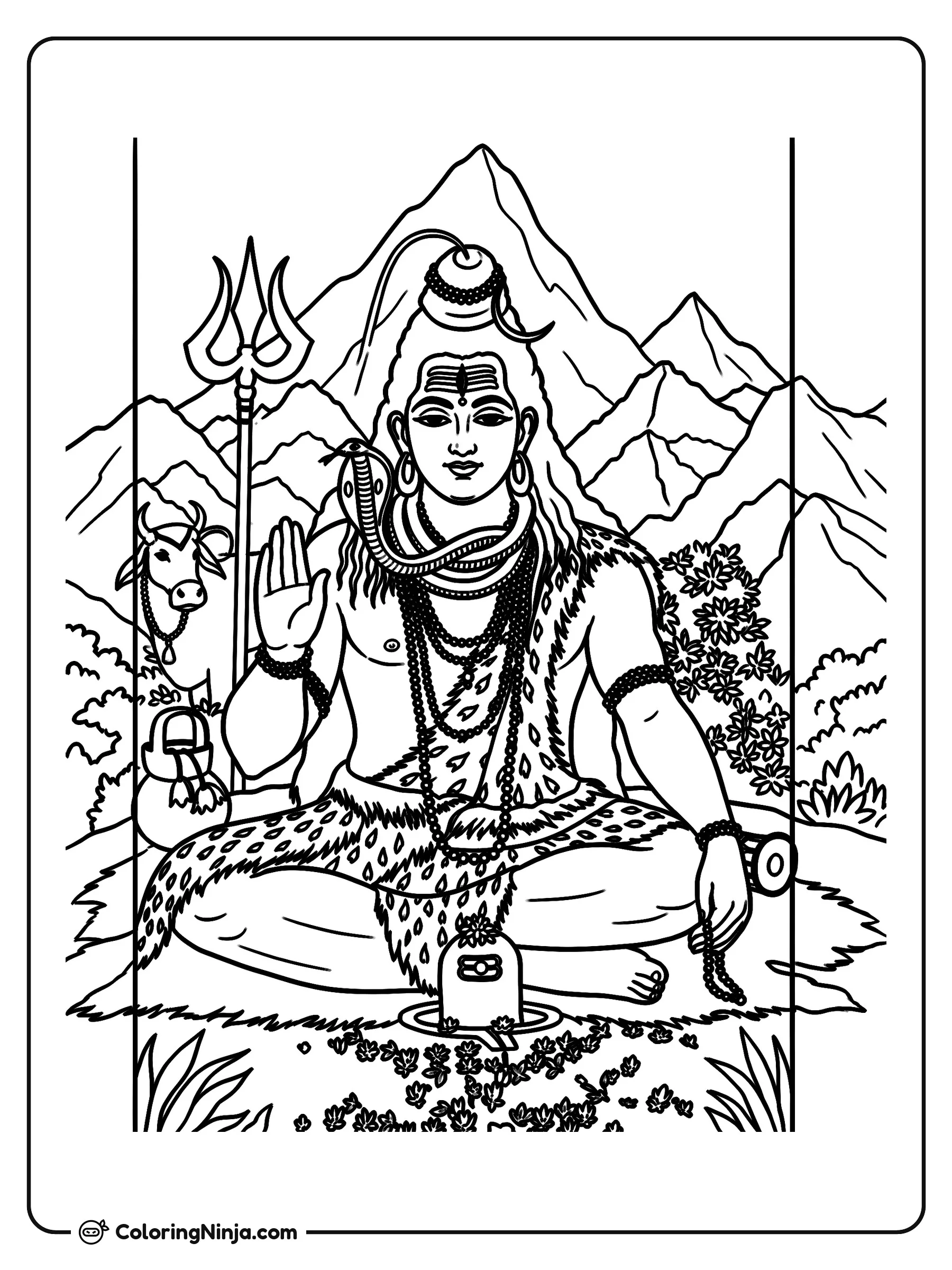 El Señor Shiva Meditando en las Montañas, dibujo para colorear: El Señor Shiva aparece sentado con las piernas cruzadas en meditación, rodeado de imponentes montañas nevadas.